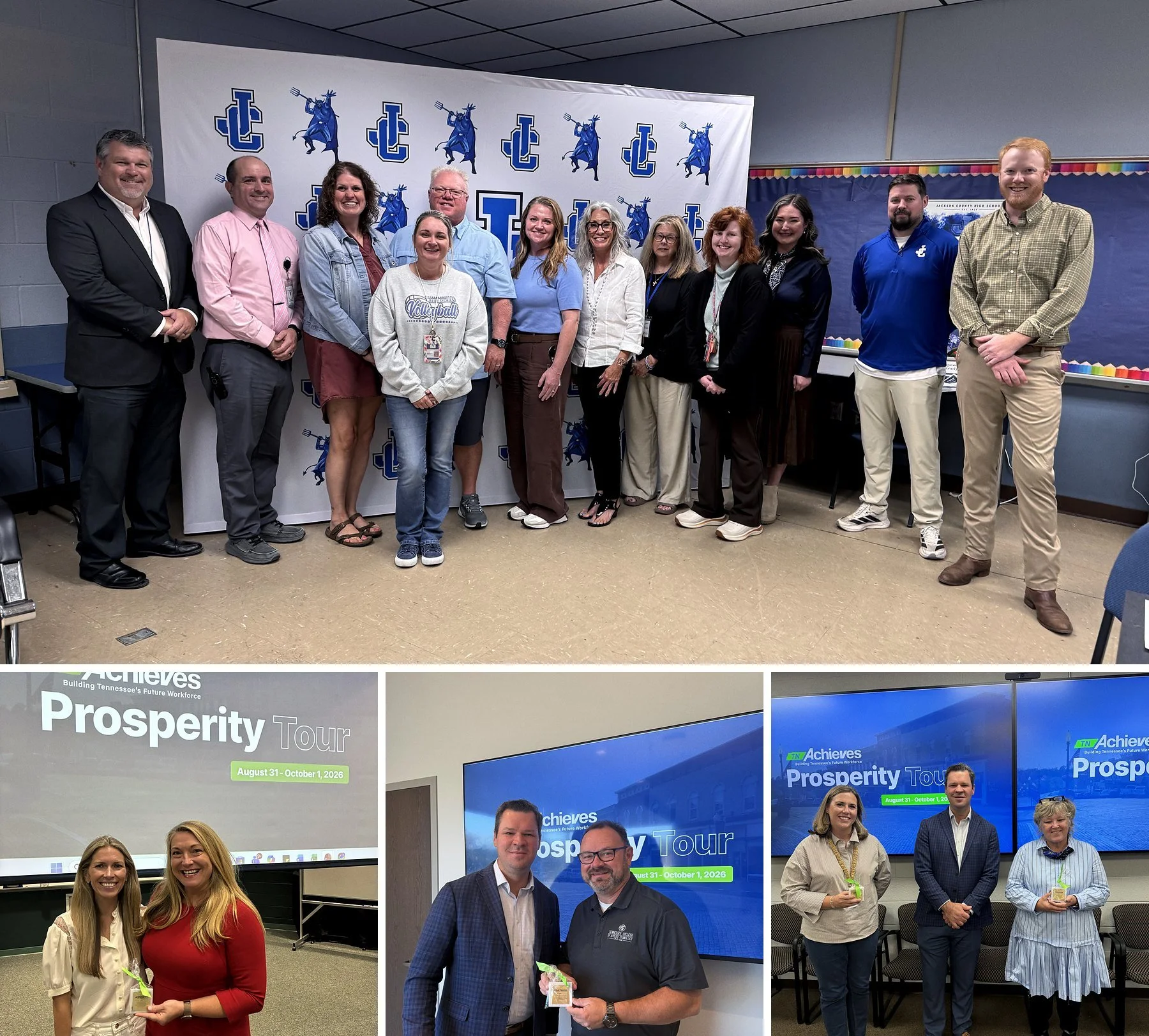 Photos from 2026 Prosperity Tour stops showing tnAchieves staff with counselors, educators, employers and community partners