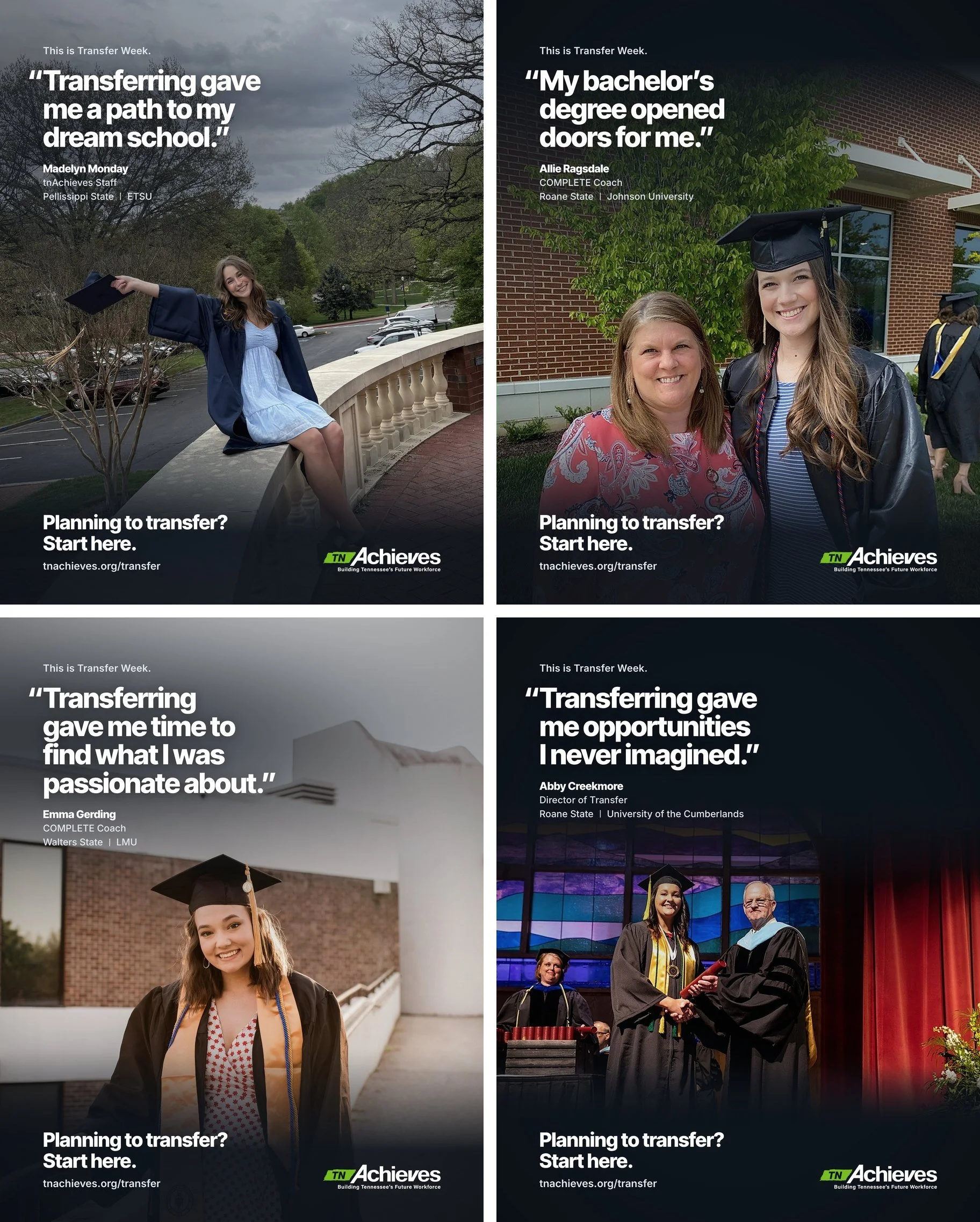 National Transfer Student Week spotlights of tnAchieves team members Madelyn Monday, Allie Ragsdale, Emma Gerding and Abby Creekmore, who each started at a community college and transferred to earn a bachelor's degree