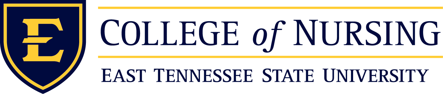Logo for East Tennessee State University's College of Nursing with a shield emblem featuring a stylized letter E and N in gold on a navy background.