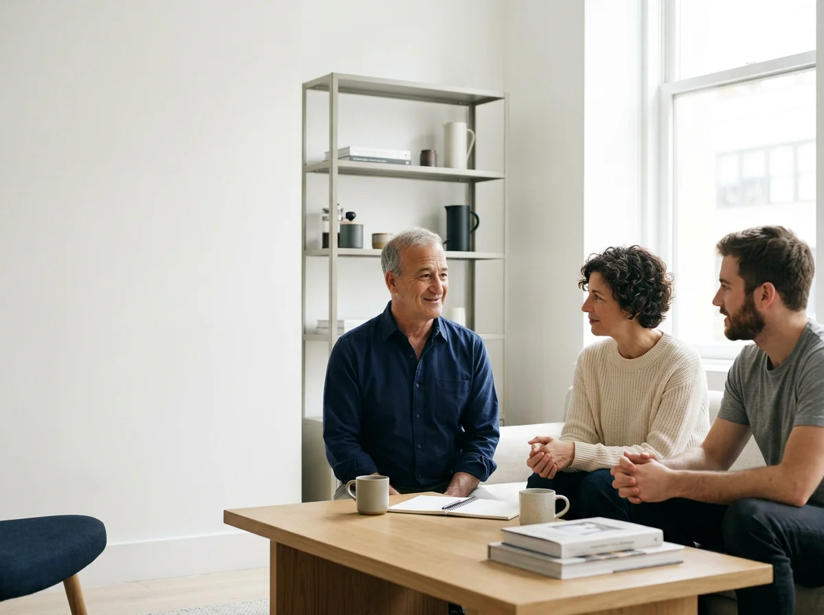 Three people having a conversation in a bright, minimalist living room. Two of them are sitting on a white sofa, one is a woman in a cream sweater, the other a young man in a gray t-shirt. The third person, an older man with gray hair, is sitting on a wooden table with a notebook and two mugs in front of him. A bookshelf with decorative items and books is in the background near a large window.