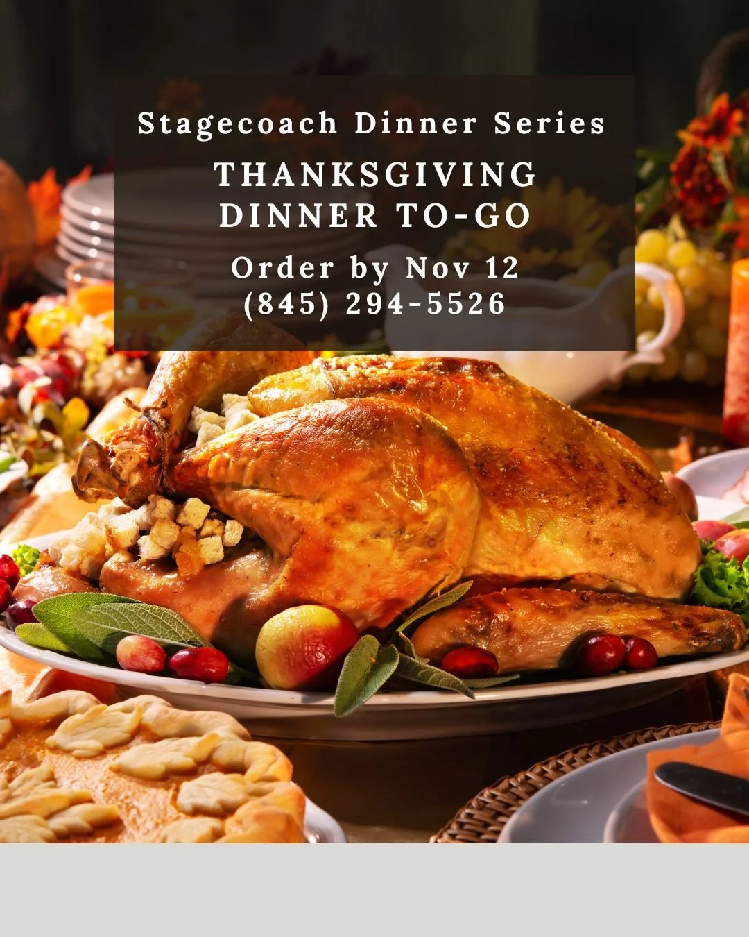 Let us take the stress out of Thanksgiving this year with our curated To-Go dinner, complete with maple roasted turkey, savory sides, and our Autumn Harvest Apple Pie. 🍁🦃 Orders close November 12 &mdash; limited availability, so call (845) 294-5526