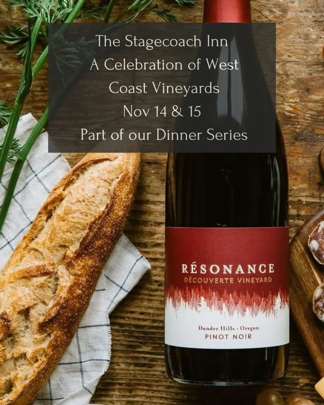 🍷 This weekend only at the Stagecoach Inn! ✨
Immerse yourself in A Celebration of West Coast Vineyards &mdash; an unforgettable five-course culinary experience featuring incredible wines and harvest flavors. 

🍷 Friday, Nov. 14: Sommelier-Led Five-