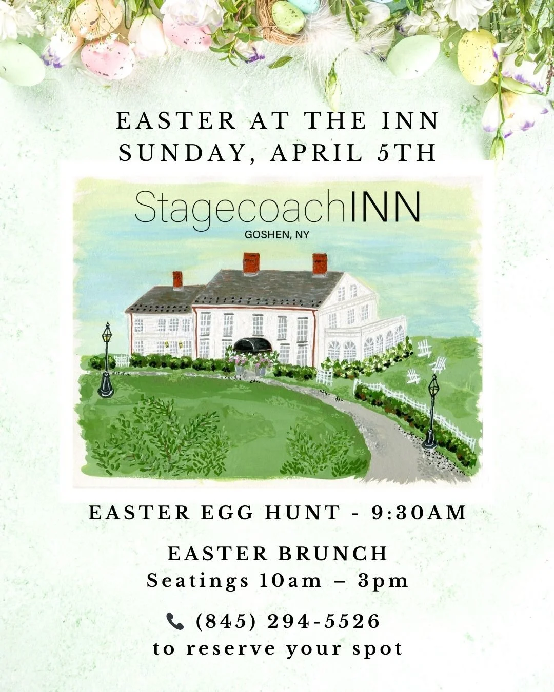 🌷 Easter Sunday at Stagecoach Inn is almost here &mdash; and we'd love to celebrate with you!
April 5th is going to be a beautiful day. Bring the family for a morning full of fun, then stay and enjoy a gorgeous holiday brunch.
🥚 Easter Egg Hunt Exp