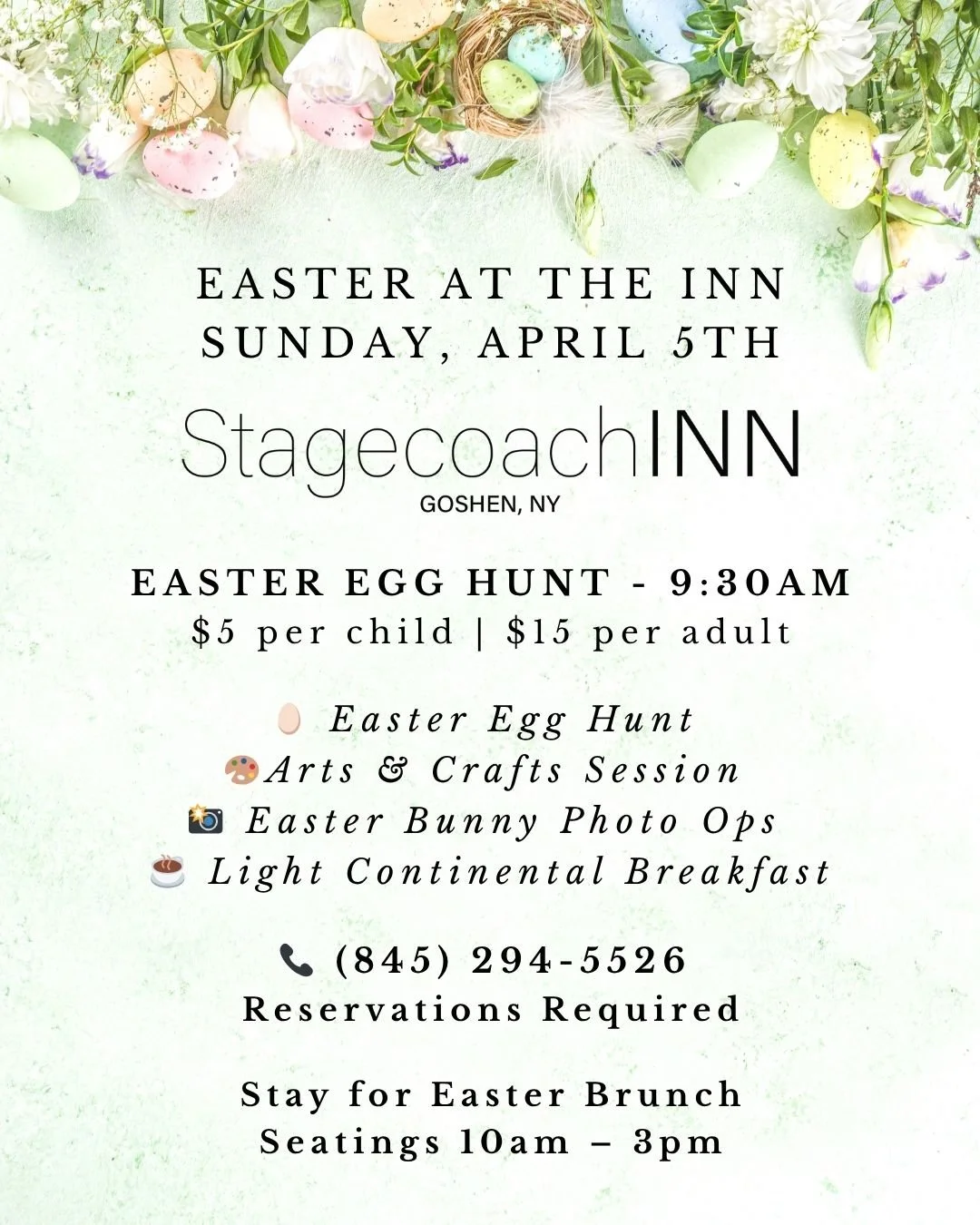 🐣 Easter at the Inn is just around the corner and we want to make sure every family has the perfect celebration!
To ensure we're ready for you, reservations are required for both events.
🥚 Easter Egg Hunt Experience | 9:30am $5 per child | $15 per 