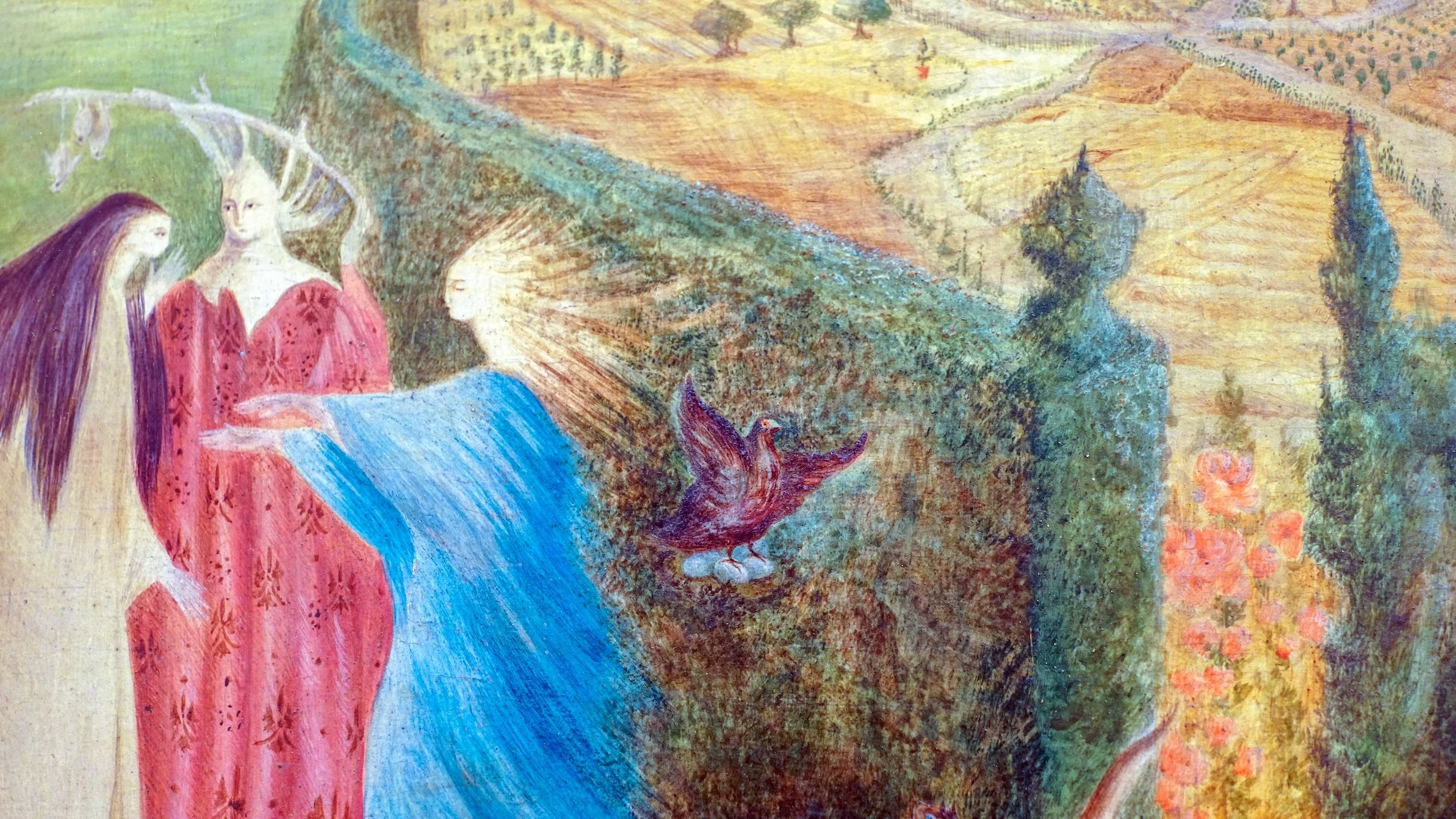 Painting depicting three women in medieval attire, a dove, a landscape with trees, hills, and fields, and sunset lighting.