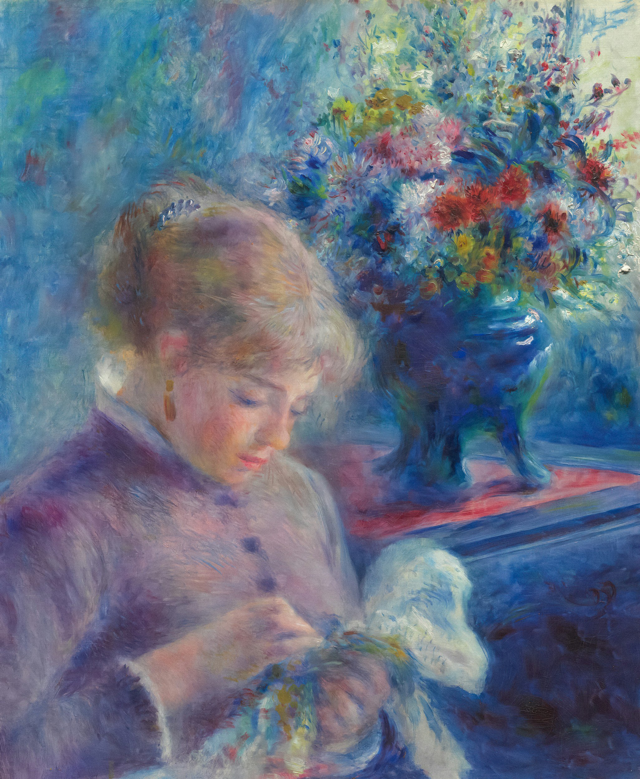 A colorful young woman looks downward, painted in brightly colored brush strokes