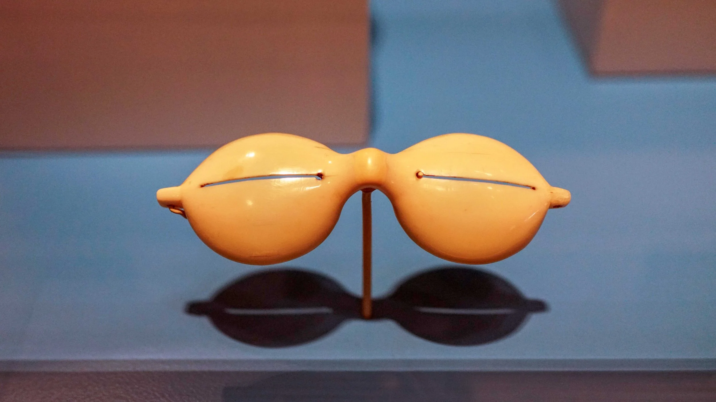 ivory snow goggles are in a museum display case