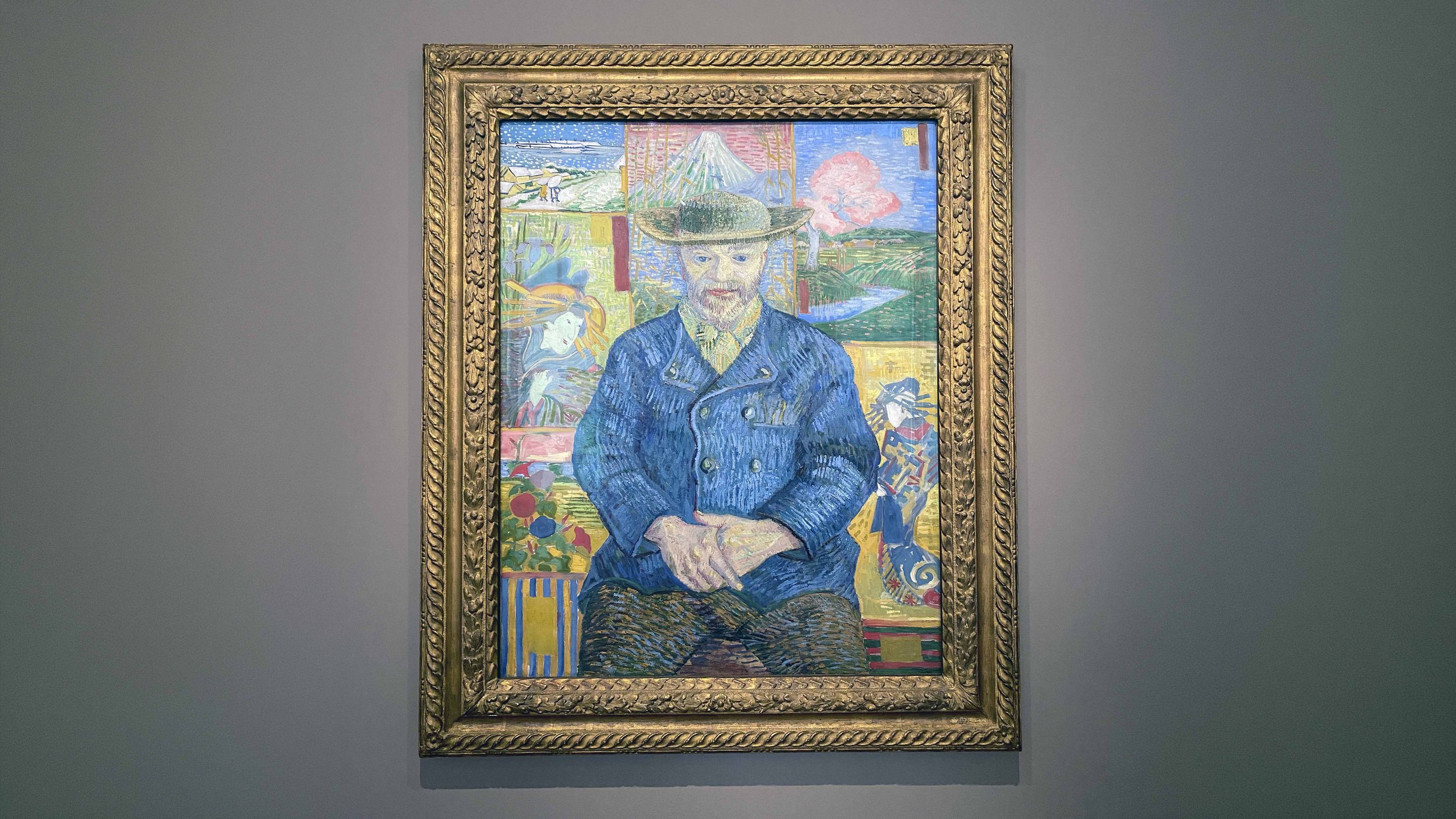 Seated portrait of Père Tanguy with a backdrop of Japanese ukiyo-e prints