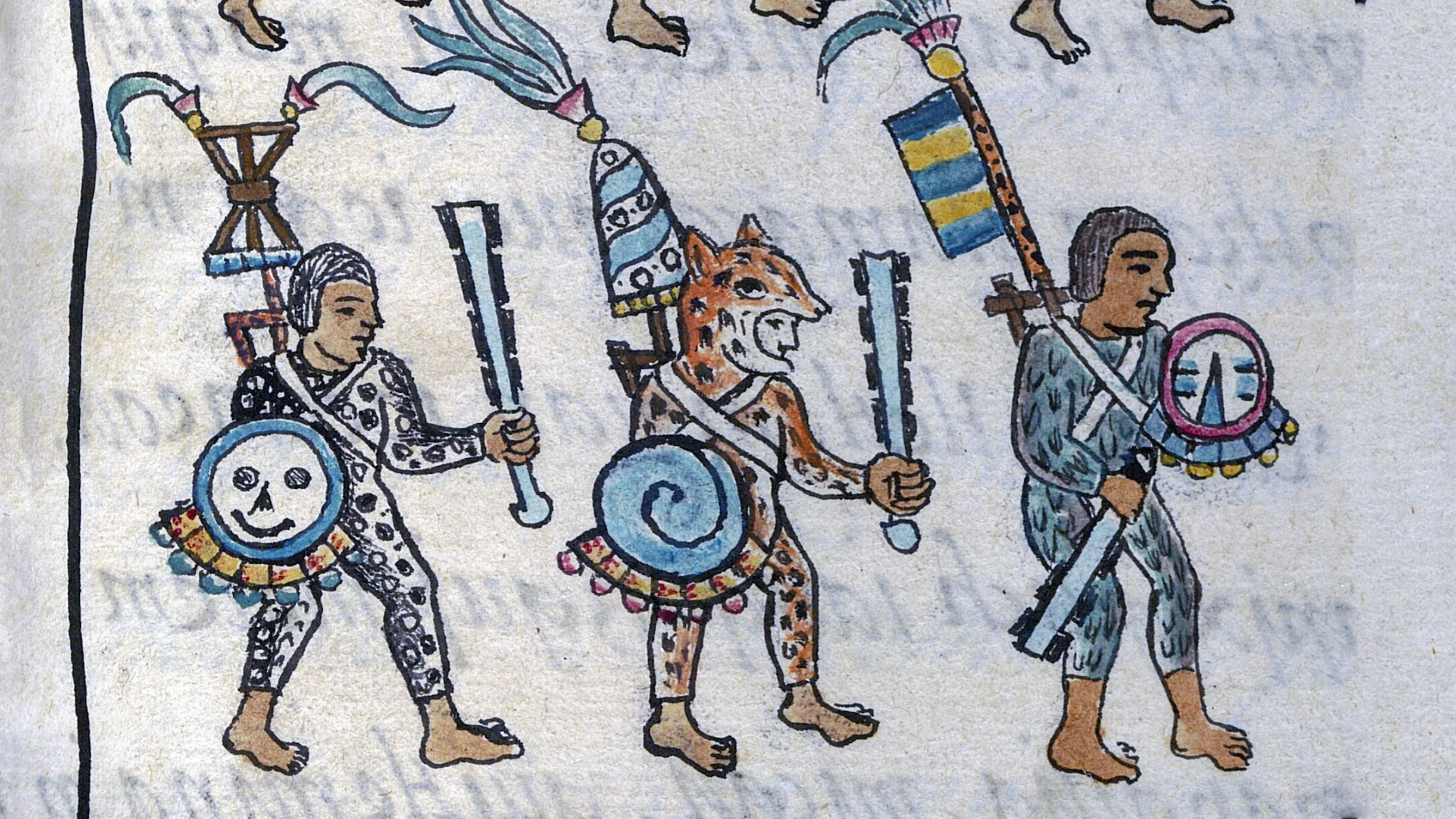 Drawing of three costumed figures, dressed in patterned clothing, carrying spears and shields, with colorful pennants hanging above.