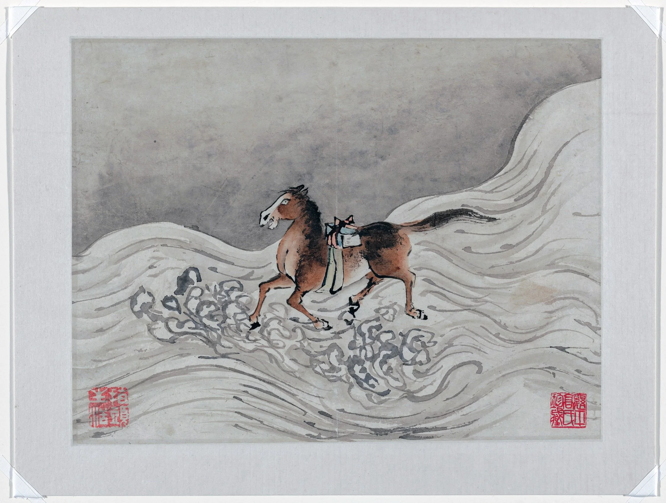 A traditional Chinese painting of a horse walking through waves, with red stamps and calligraphy at the bottom.