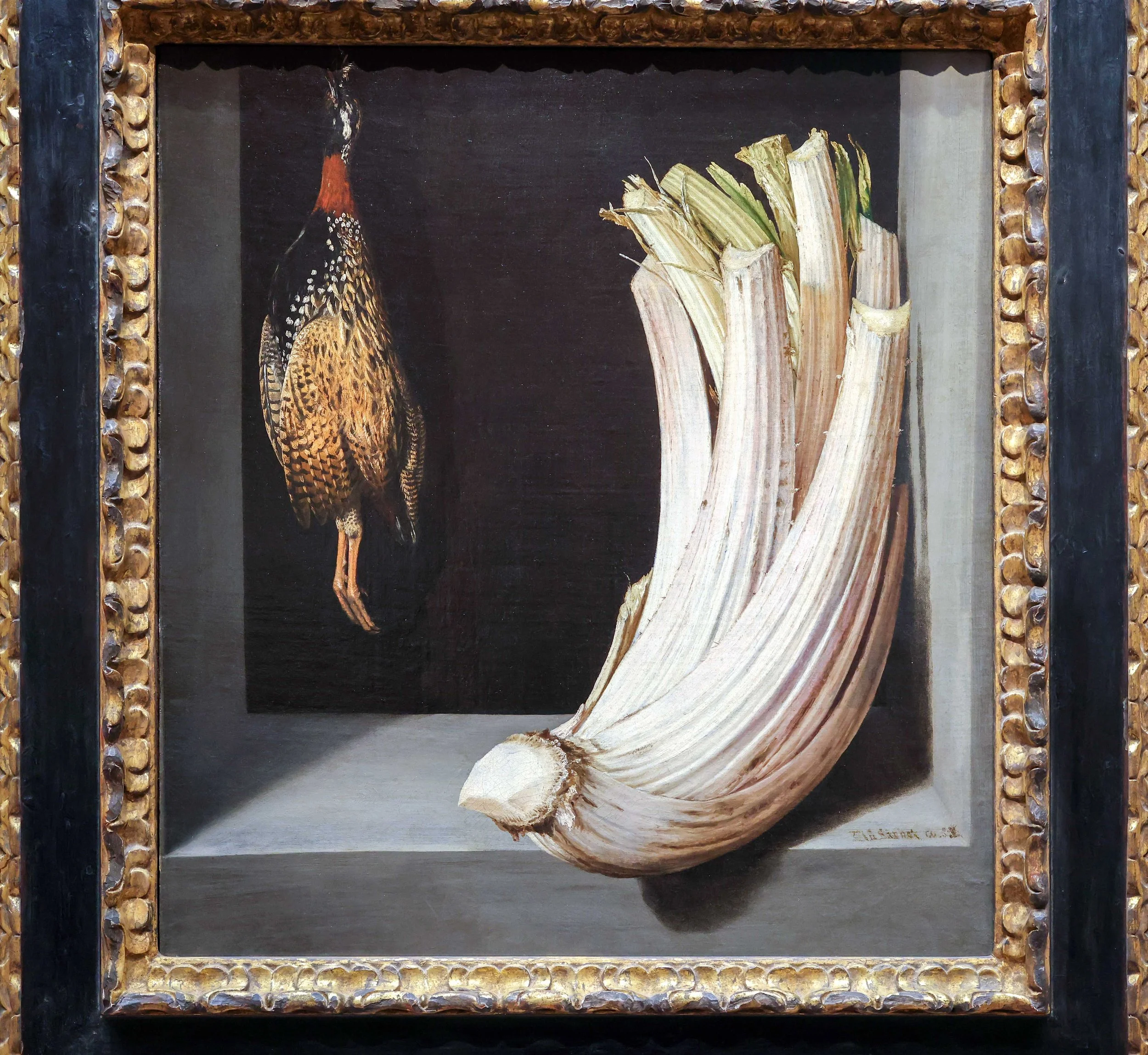 a painting of a bird and cardoon vegetable are set against a dark background