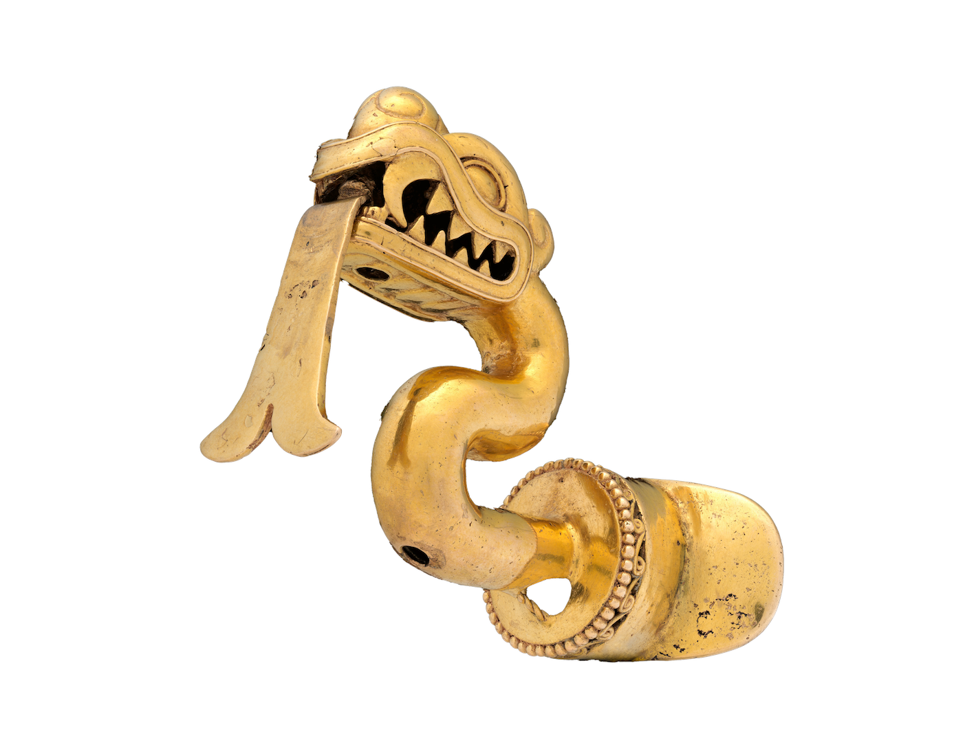 Gold snake-shaped artifact with open mouth and detailed engravings, possibly an ancient or cultural jewelry piece.