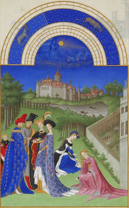 A medieval illuminated manuscript scene depicting a group of well-dressed people, some kneeling, in front of a castle with a river, trees, and a landscape. An astrological chart with zodiac symbols and a celestial background is above.