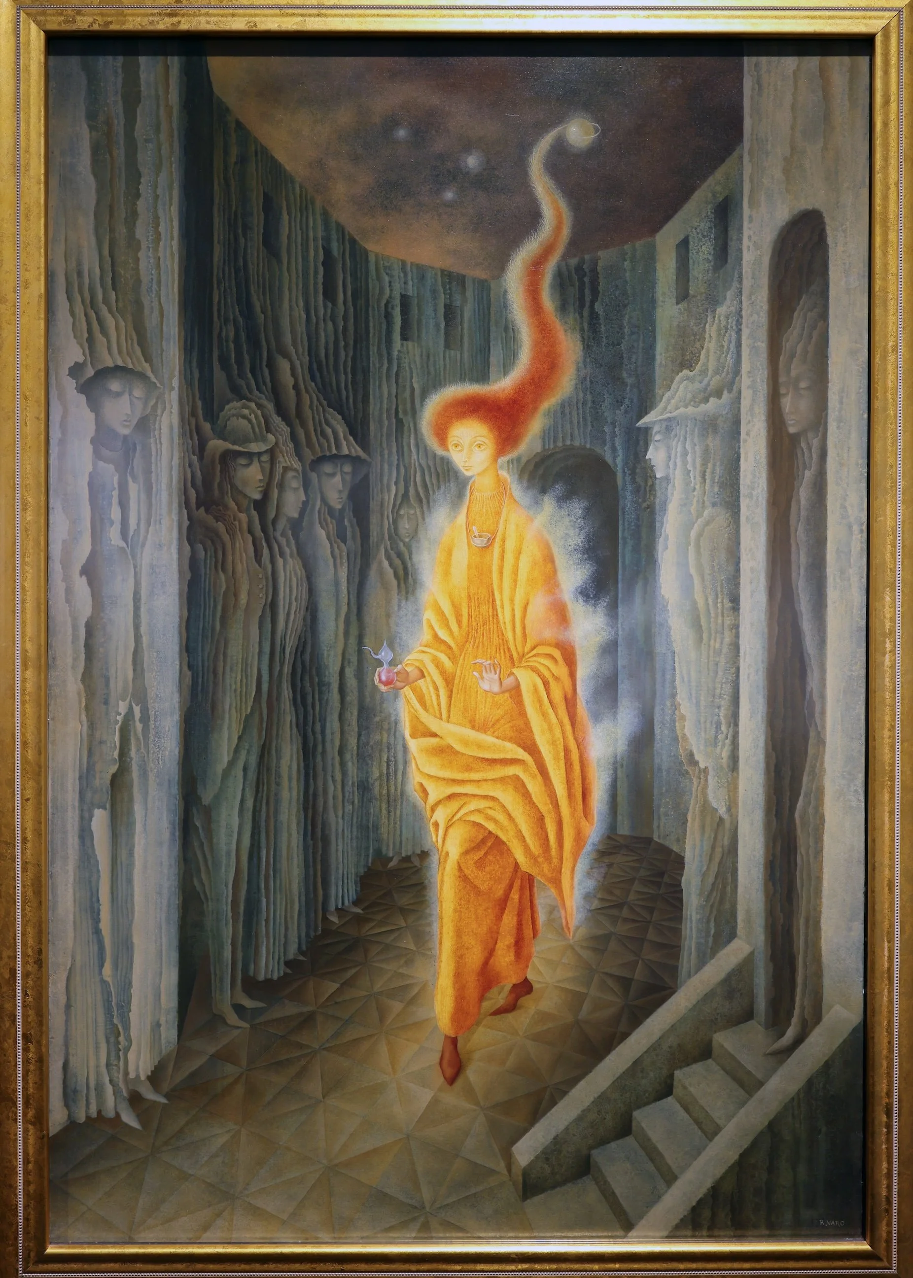 A surreal painting of a glowing, angelic figure with fiery hair walking down a corridor lined with shadowy, featureless faces. The figure is draped in golden robes, holding a small object emitting smoke, and surrounded by a luminous aura.