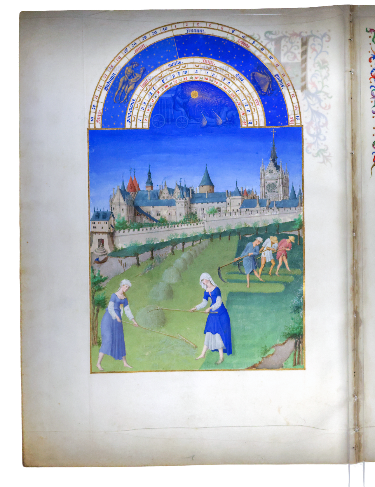 A medieval illuminated manuscript depicting a scene of women and men farming, with a castle in the background and a starry sky above.