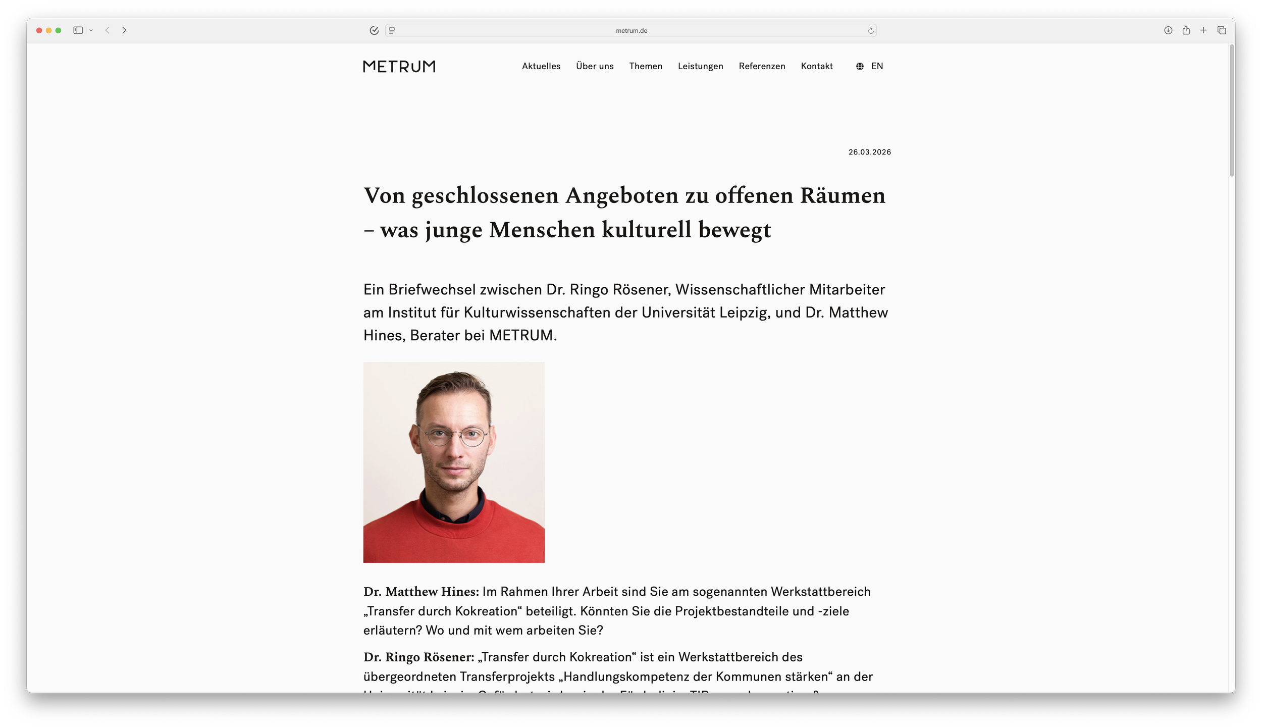 Offene Räume statt geschlossener Angebote –Interview mit Ringo Rösener im METRUM-Magazin