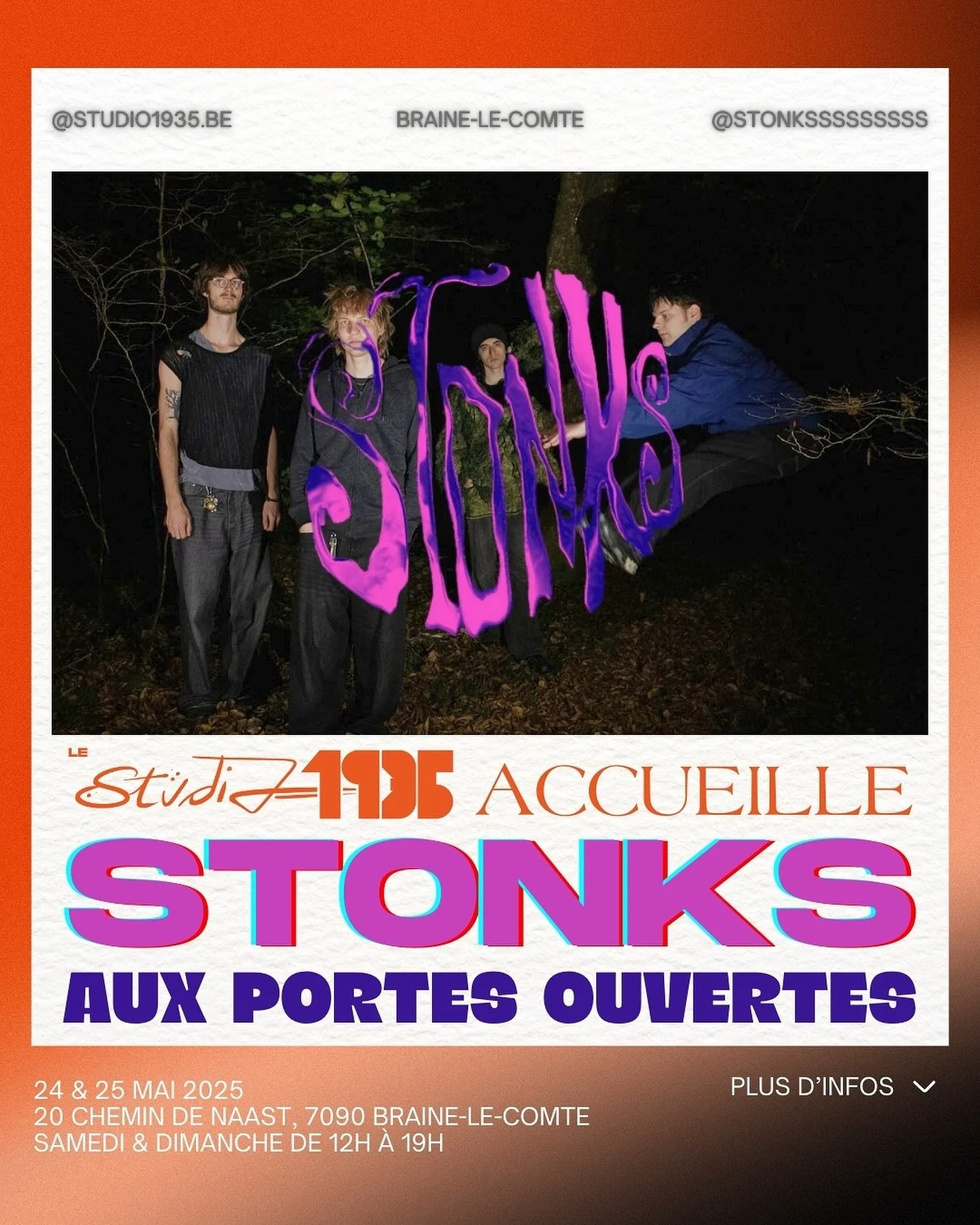 Nous avons le plaisir d'accueillir @stonksssssssss à notre week-end portes ouvertes qui se tiendra les 24 et 25 mai 🌟🥳 
Stonks, c'est très chill et ça s'inspire du rock, jazz et post-punk anglais. On a hâte de les voir m