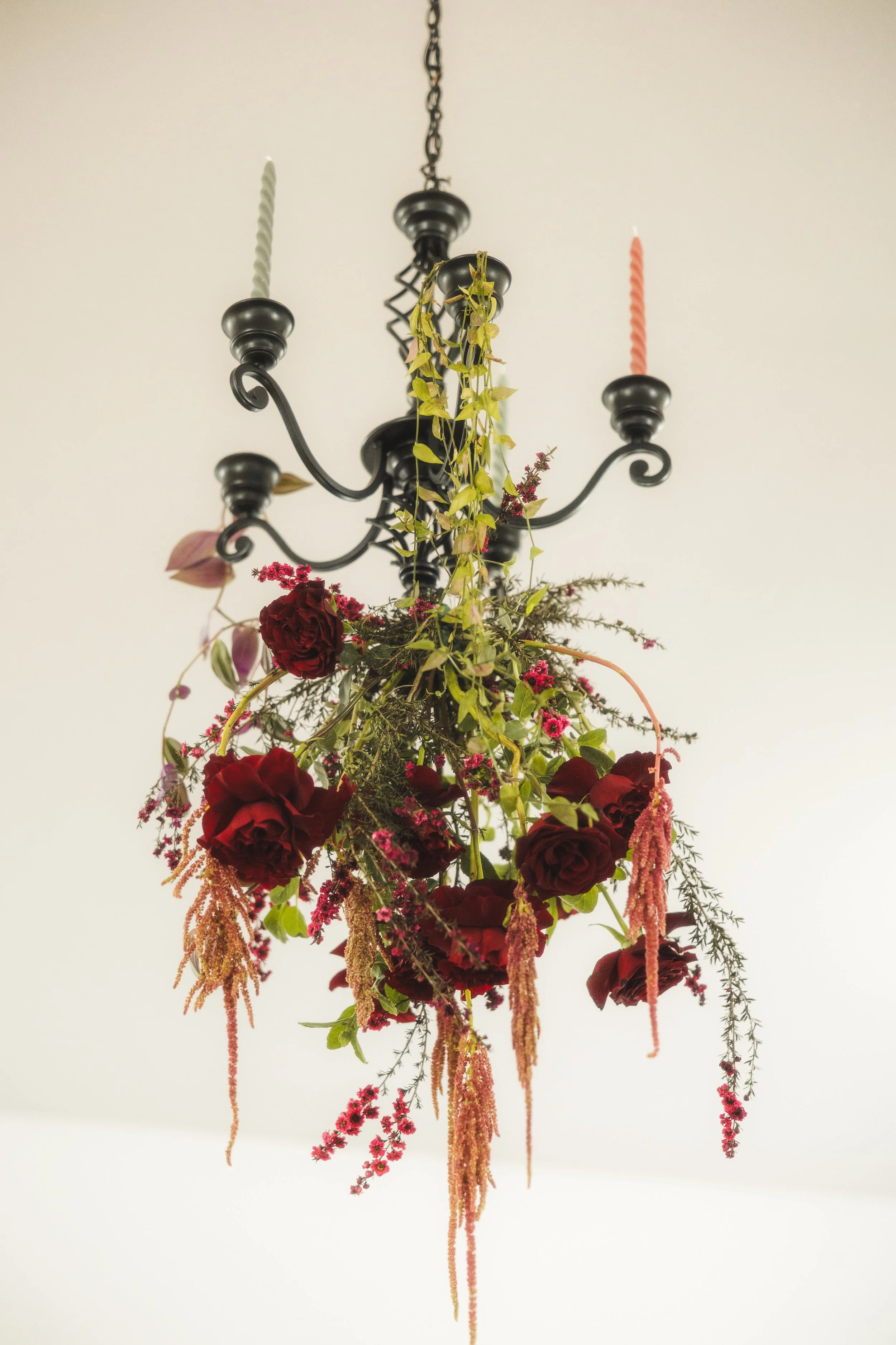 Hanging floral installation design by The Event Alchemists including live plant propagations on upcycled chandelier with candles by Starlight Candles and florals by Chemical Ocean Studio. 
Photographer: Katy Nevinsky
