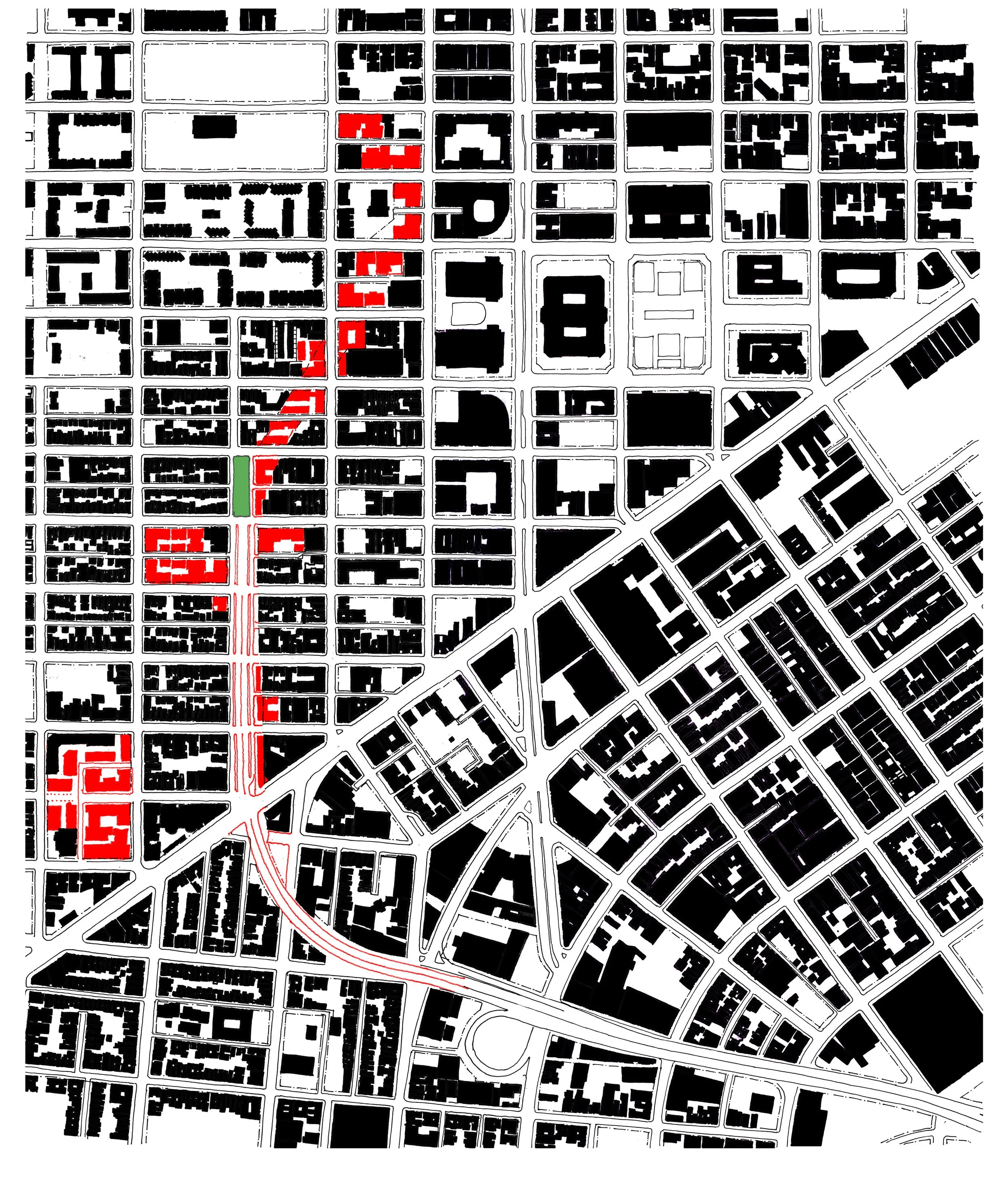 A figure ground drawing showing the repair of the urban fabric along the path of the former freeway.