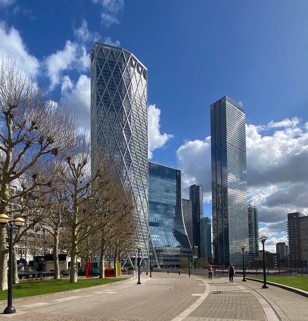 Recently built high-rise towers at Canary Wharf.