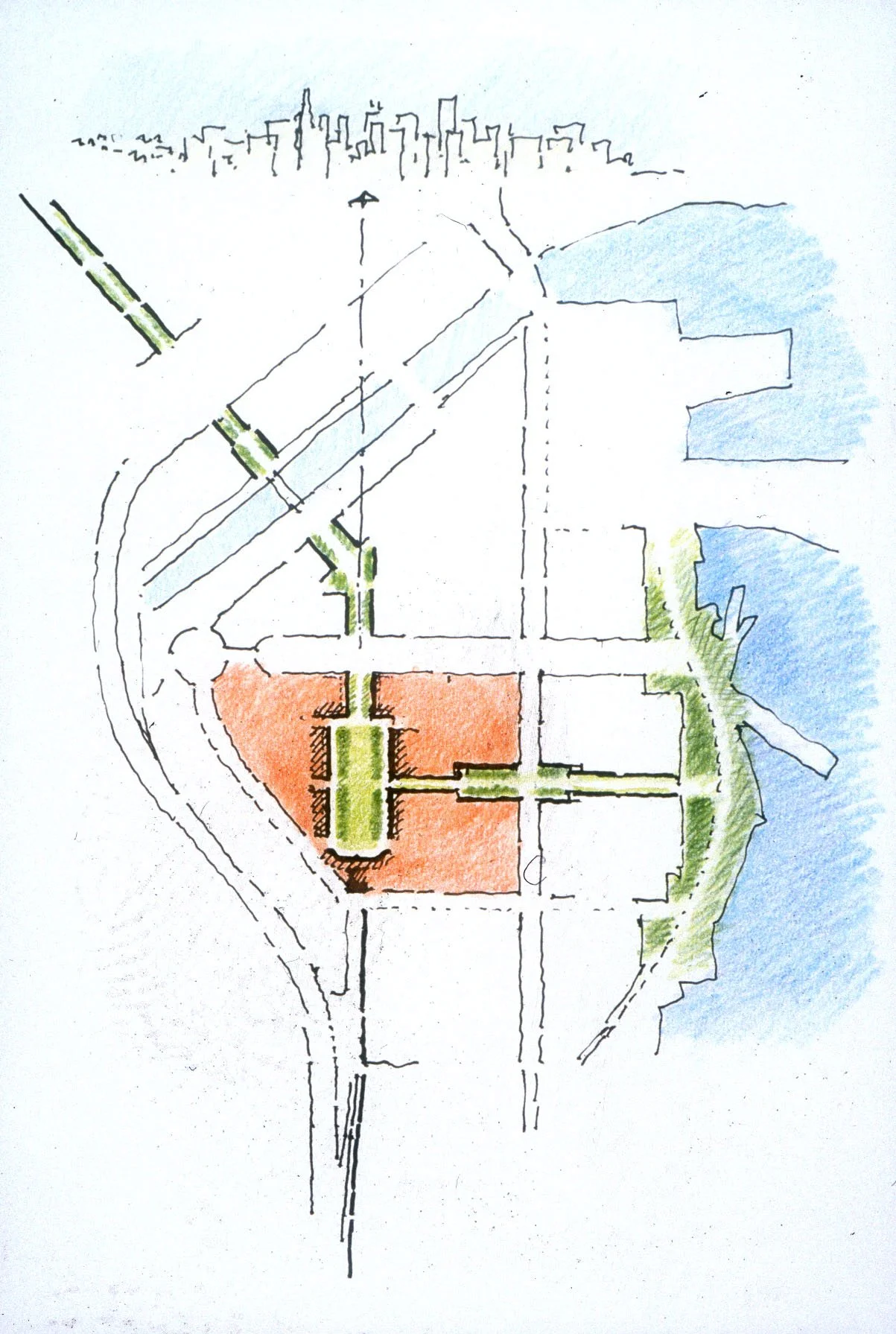The campus green is oriented north towards San Francisco's distinctive downtown skyline. (Concept sketch by Michael Dennis)