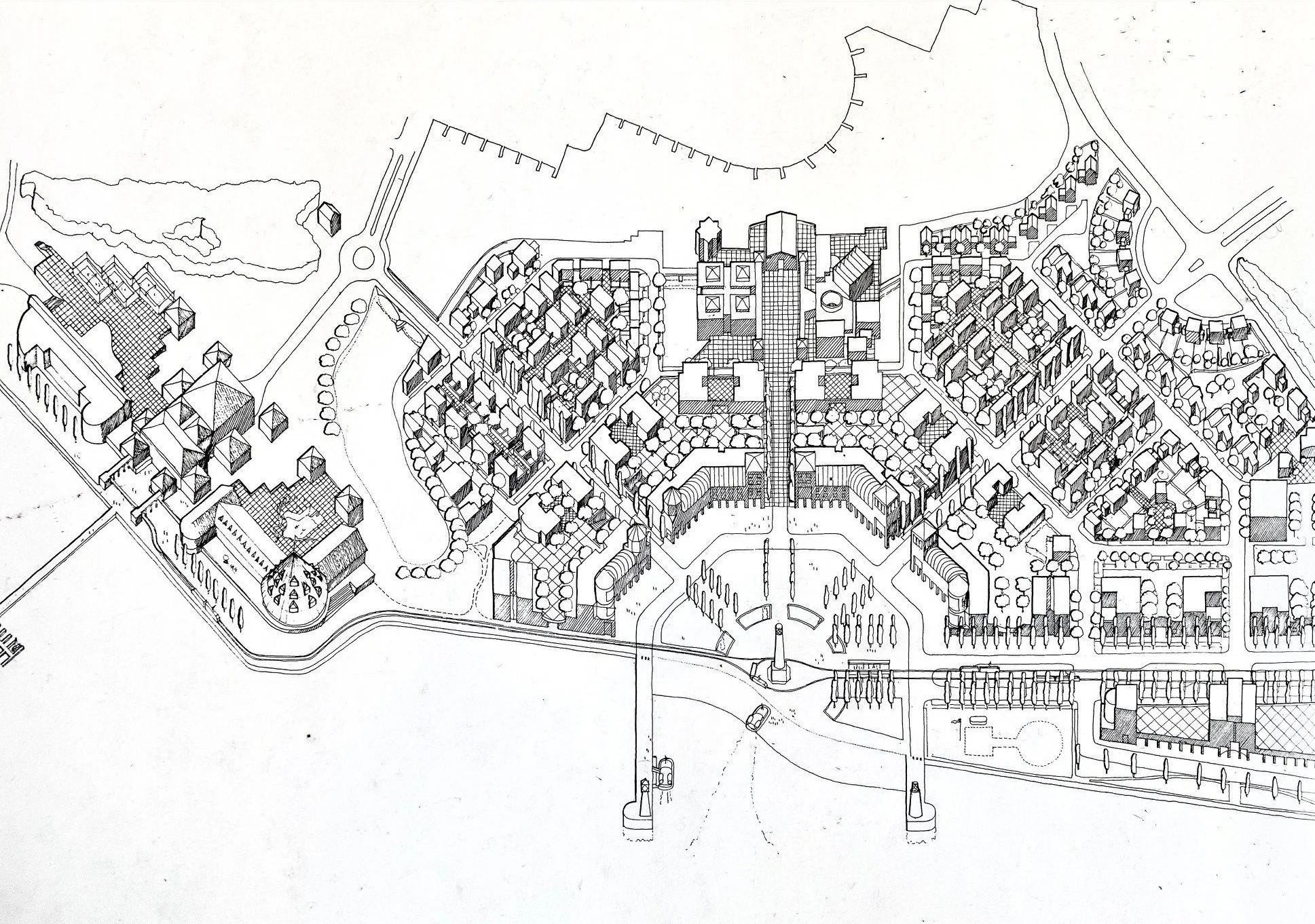 The mixed-use neighborhood focused on the ferry terminal and plaza.