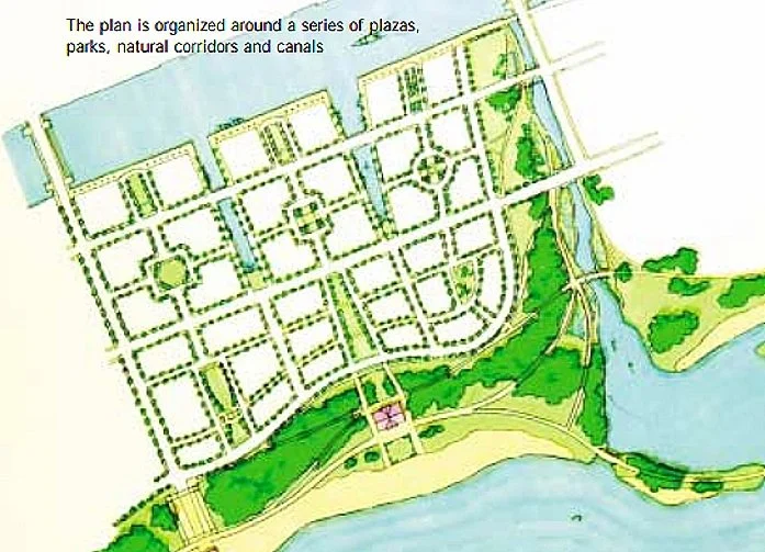 Street and block pattern showing the canals, midblock squares and waterfront park.