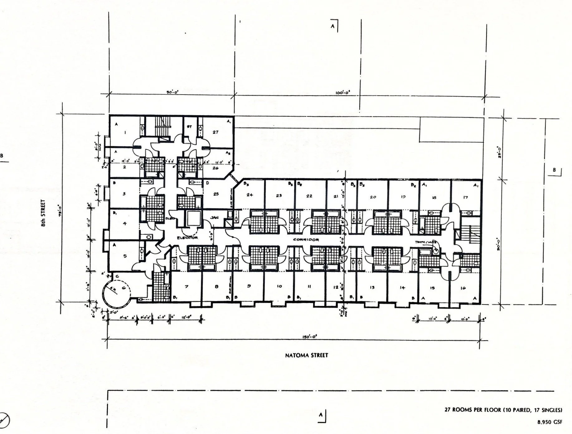 Typical floors contained 27 individual SRO units, each with its own bathroom and kitchenette.