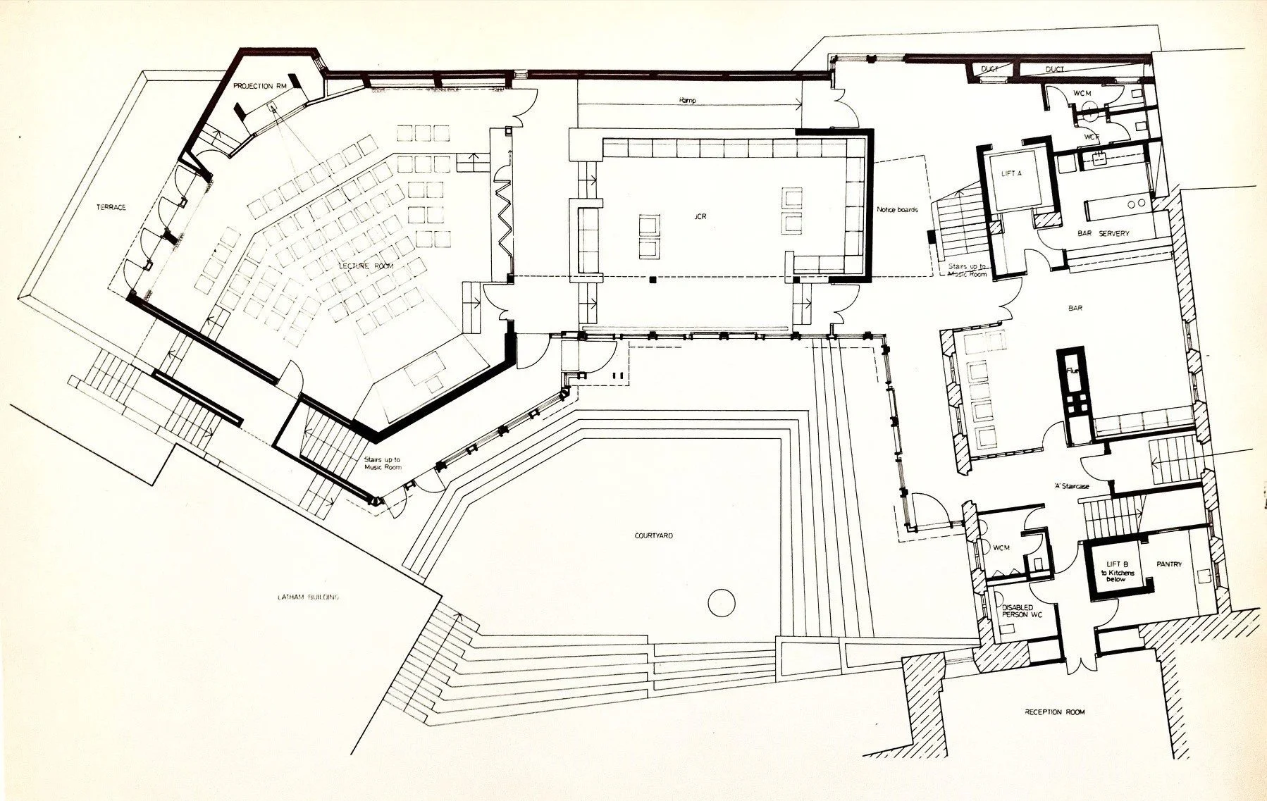 The second floor level adjacent to the upper level courtyard showing the Lecture Room, Junior Common Room and social spaces.