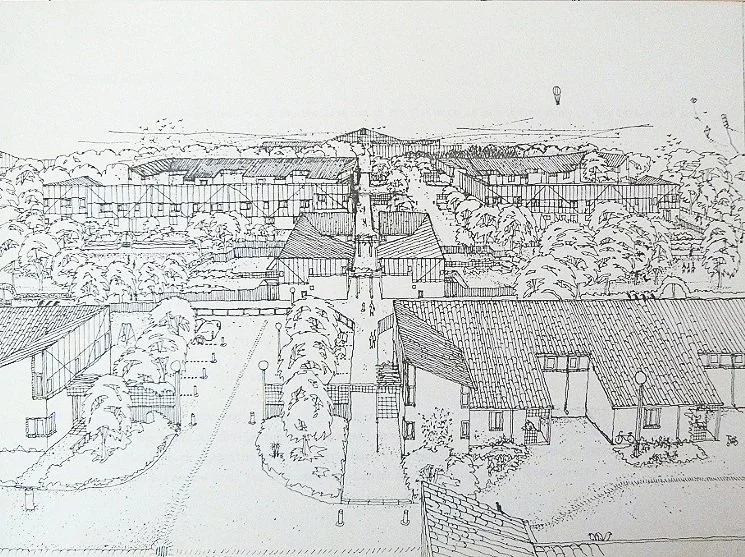 Perspective view of one of the pedestrian walks across the site.