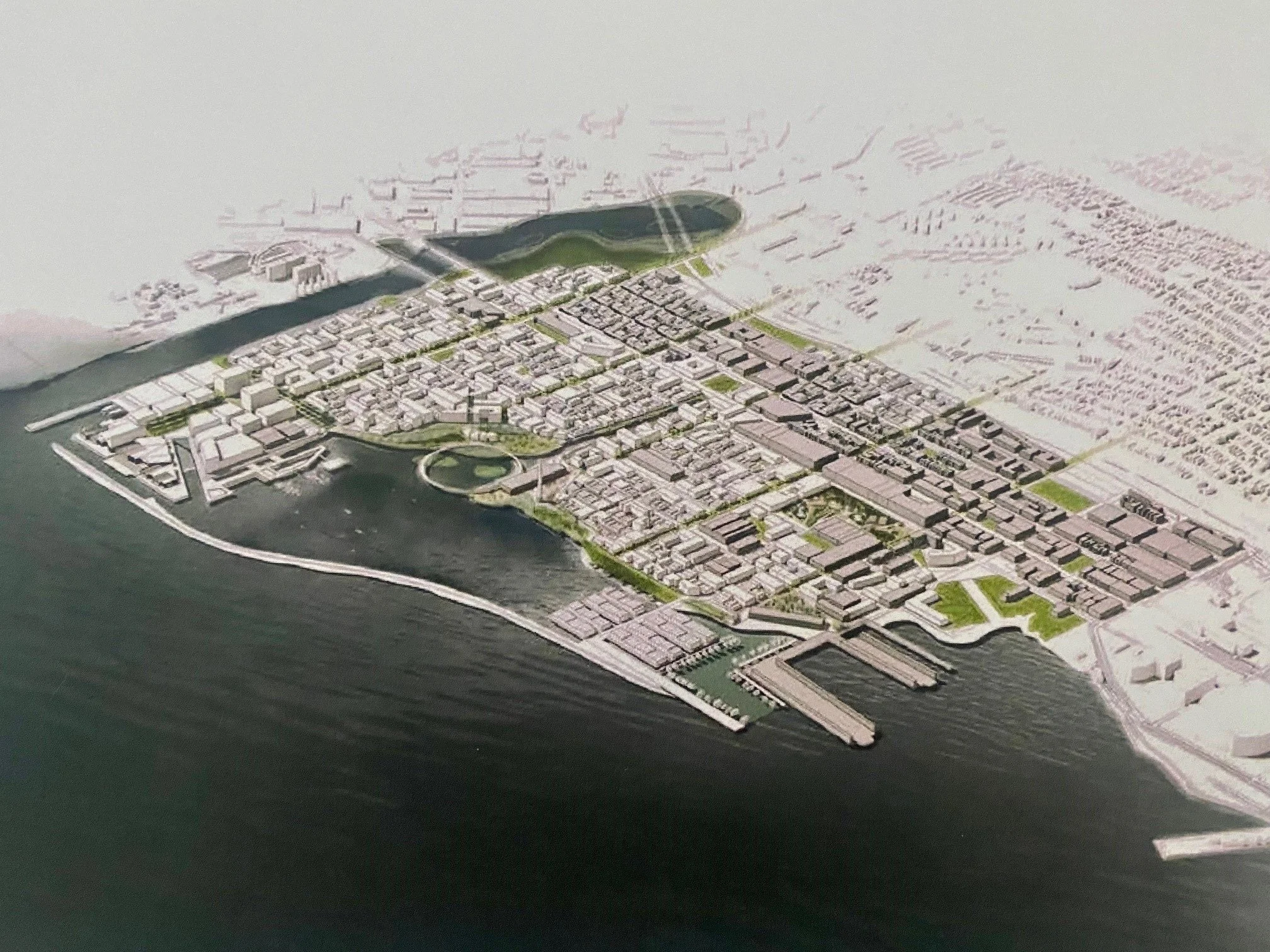 Aerial view of the Central Waterfront site in San Francisco showing the full build out including the construction of a new seawall to protect the area from sea level rise.
Team members: Asma Boutrik, Dewi Bleher, Jaime Varas.