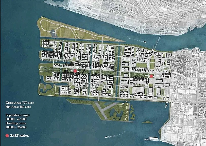 The plan is organized around four neighborhoods separated by new canals across the site and linked along a major linear park on axis with the view towards San Francisco.