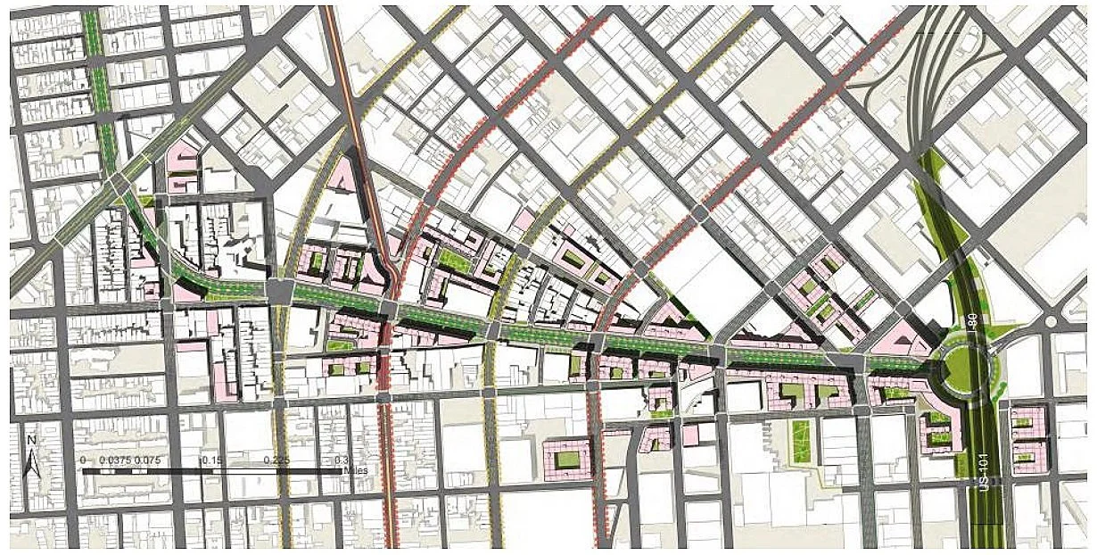 Her design proposal repaired the fractured urban fabric and demonstrated the possibility of accommodating up to 3,000 new dwellings. A new rond-point at the intersection with US 101 would create a dramatic new entry to the City for travellers coming 