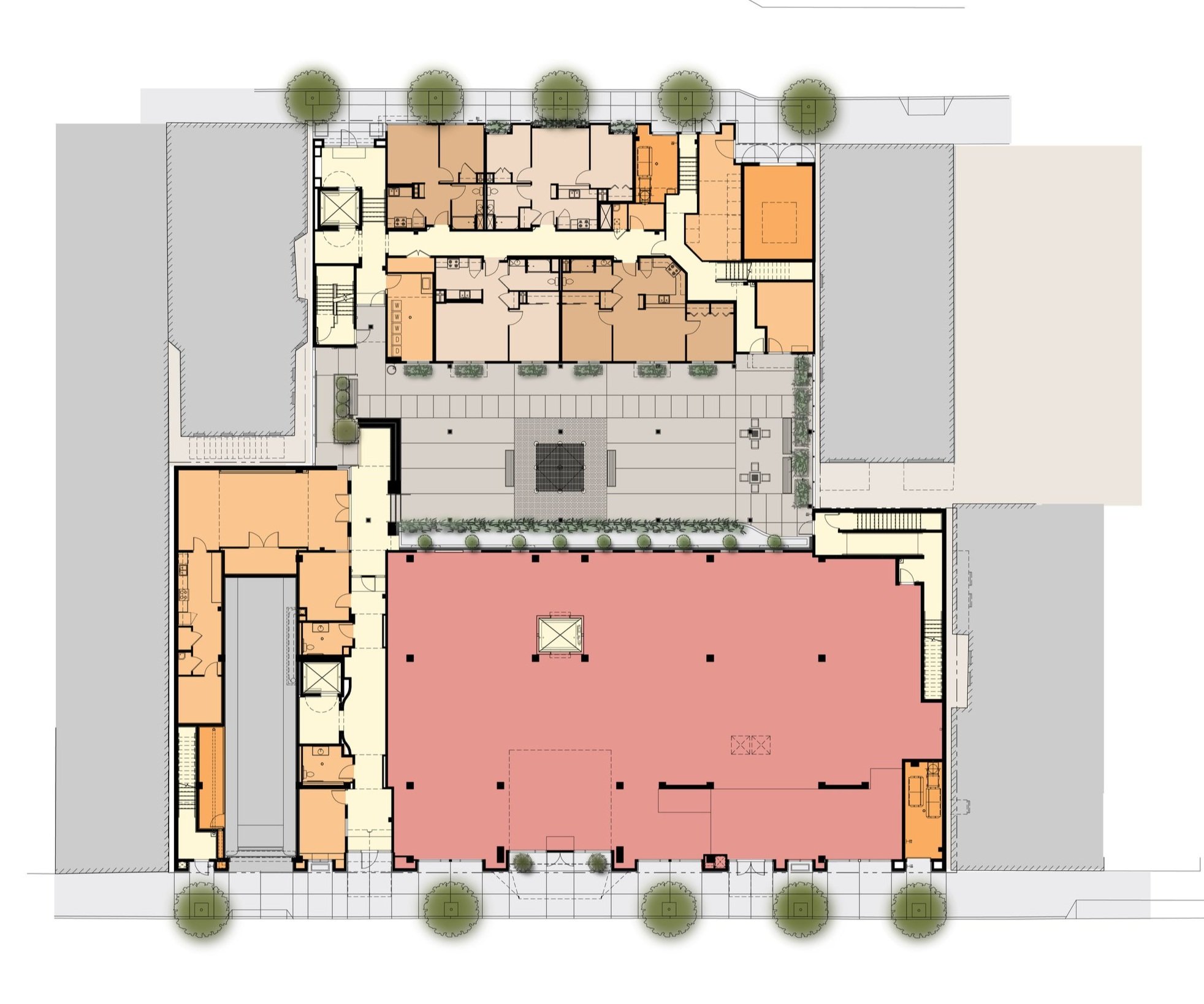 Ground Floor showing the Health Clinic, Residential Entry on 7th Street and the Residential floor on Moss St.