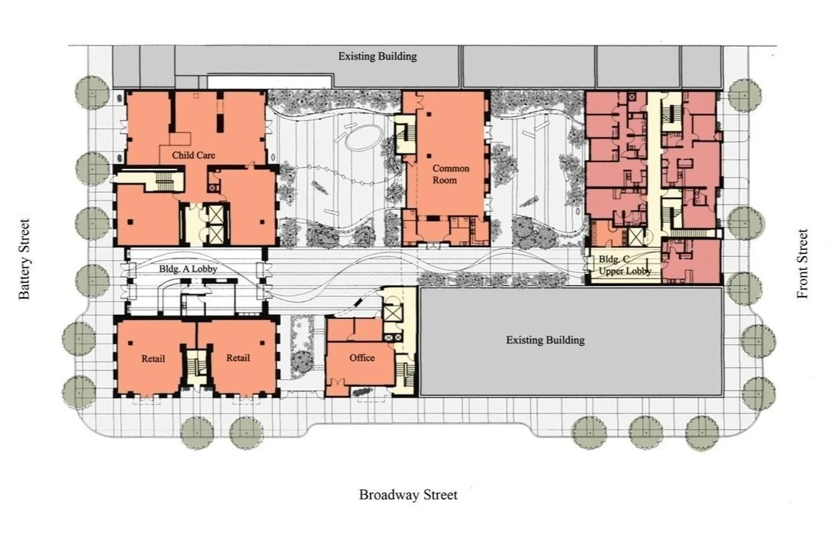 Ground Floor Plan with Entry Lobby and Child Care Centre, Community Rooms.