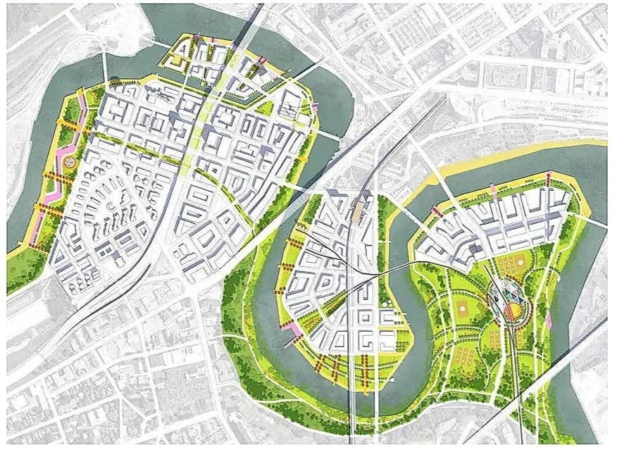 The plan proposed an extension of an existing riverfront park to create a linear network of open spaces linking the different neighborhoods.