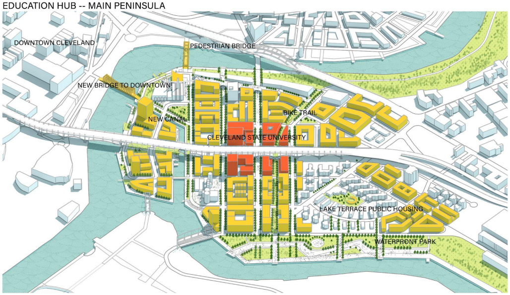 The Main Peninsula is designated as a site for a new Education Hub with an extension to Cleveland State University.