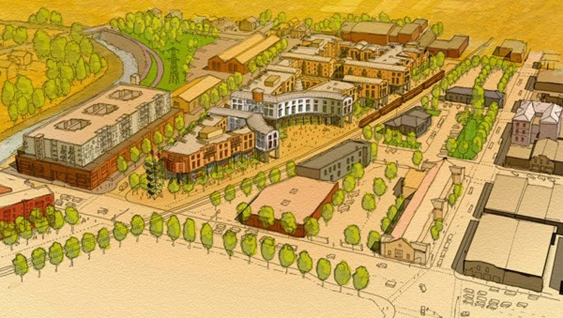 View from south of the new development showing the crescent shaped plaza on 4th Street.