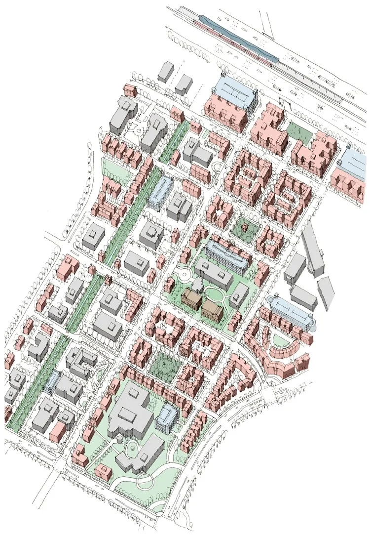 Build-out showing new housing integrated with the existing office buildings.