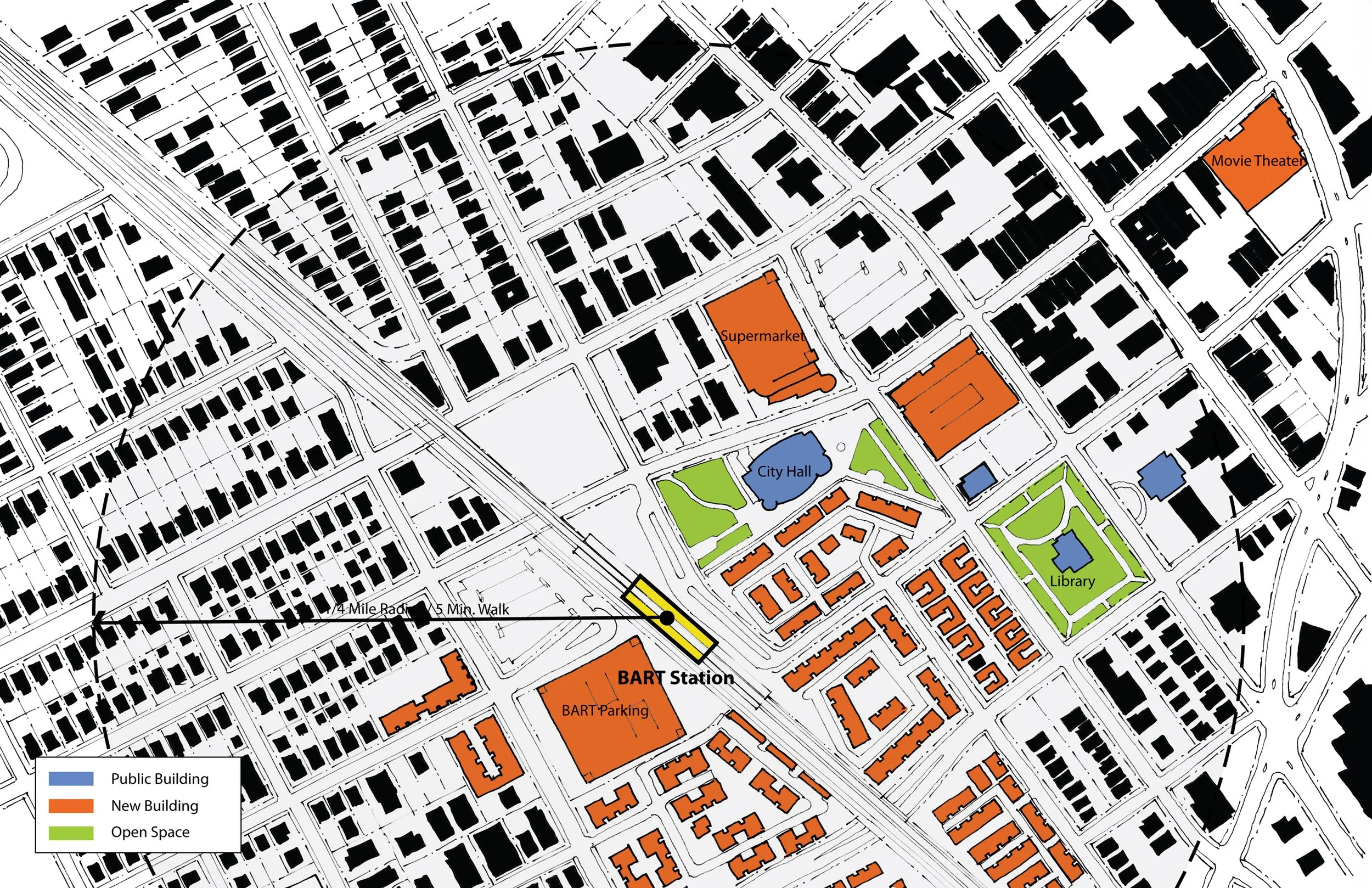 Hayward BART station after showing the new City Hall, housing, supermarket and a structured garage for BART riders.