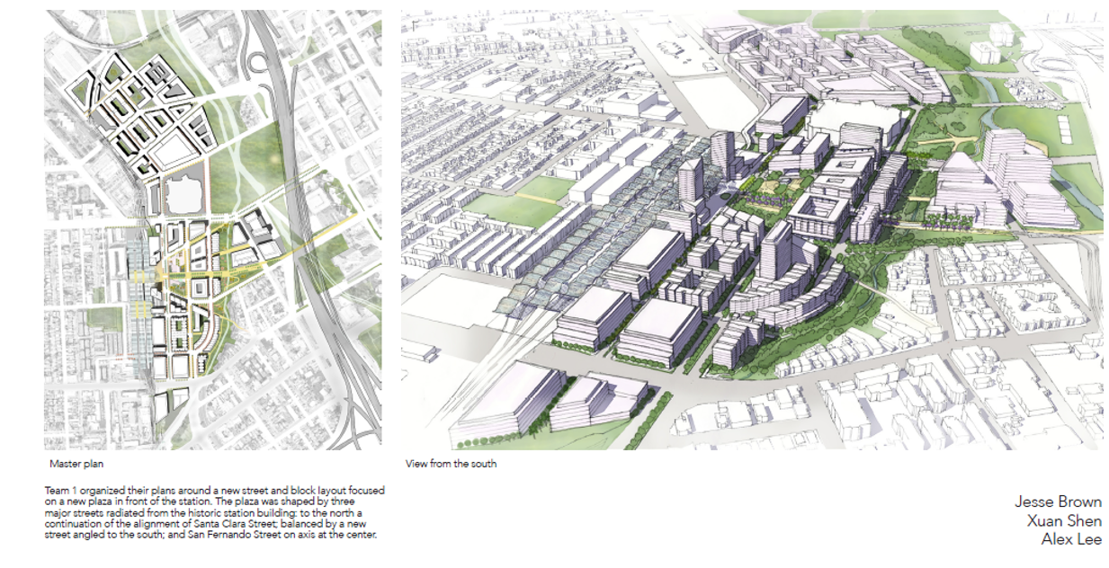 Team 1 proposed a street and block pattern focused on connecting the station with Downtown San Jose by extending San Carlos Street to the station.