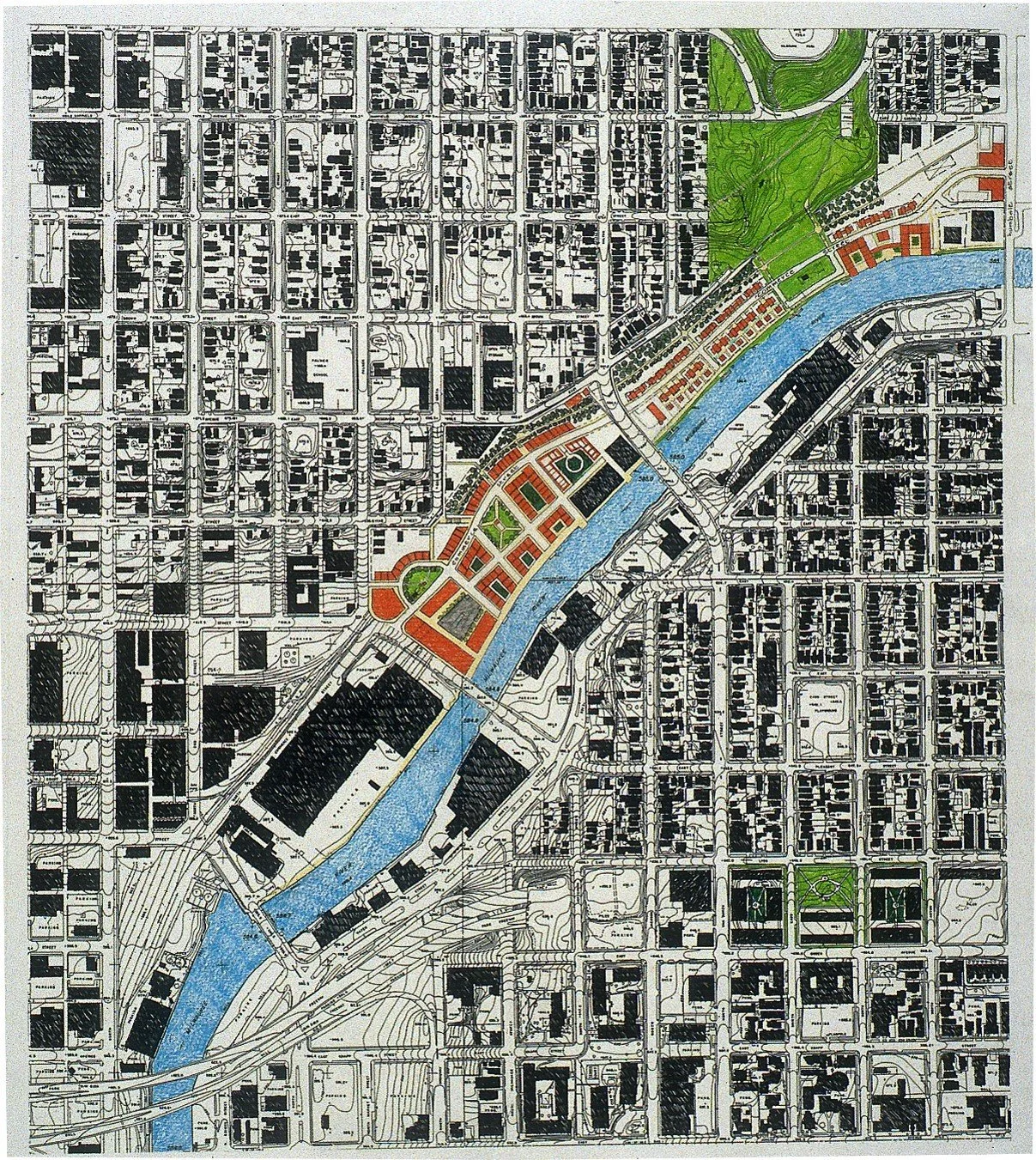 The former brownfield sites along the banks of the Milwaukee River have been transformed into a new residential neighborhood with an extension of the  Milwaukee Riverwalk and mixed-income housing.