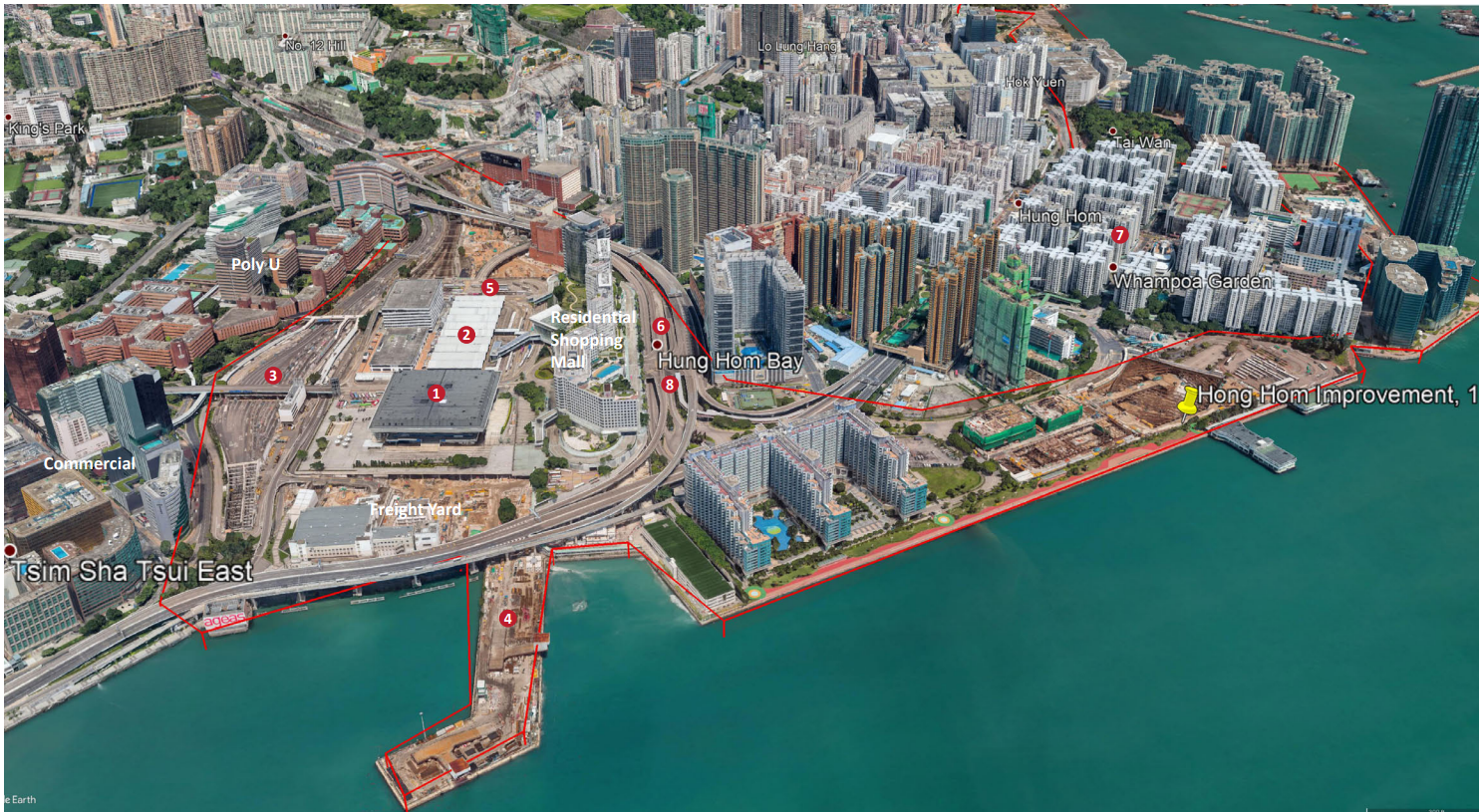 The existing site with a tangle of motorways, huge transit structures, isolated districts, and fractured urbanism.