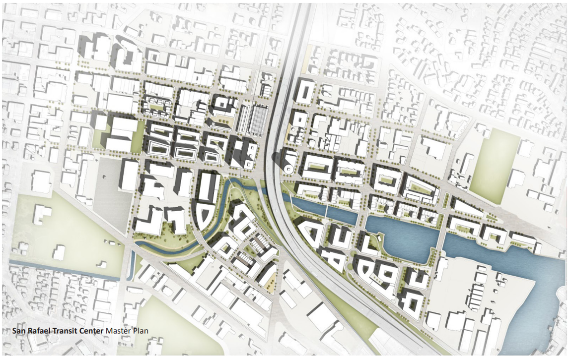 Team 1: San Rafael site
Plan showing transit-oriented development around the new SMART station.
(Jonathan Winslow, Michael Johnson, Maggie Laush, Josie Morgan.)