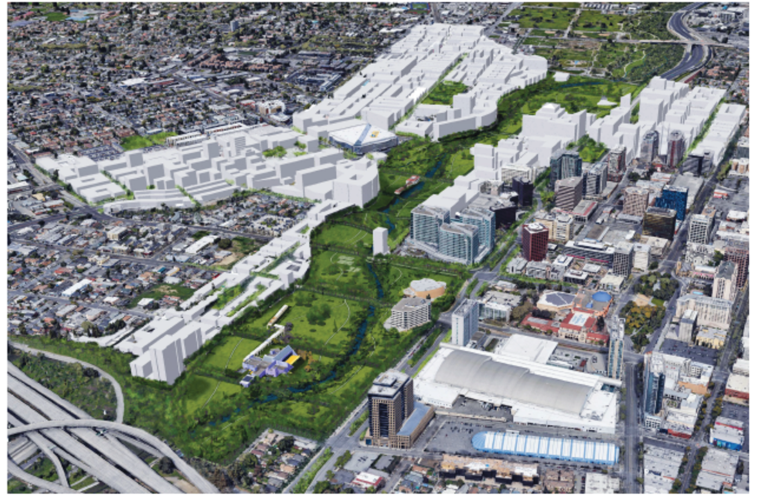Team 3 shows the new linear park along the Guadalupe River and the multiway boulevard in place of the Highway 87 Freeway.