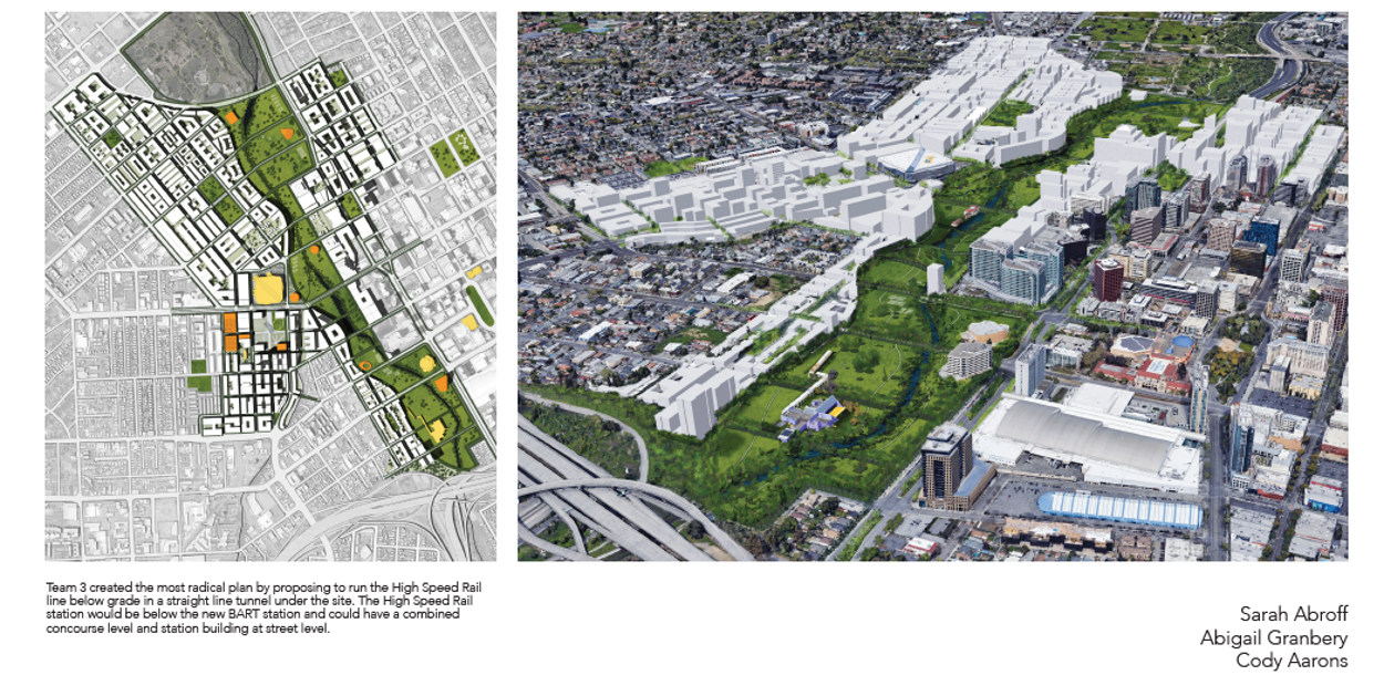 Team 3 was the most ambitious proposing to remove the Highway 87 freeway and replacing it with a multi-way boulevard thereby reuniting the Diridon area with Downtown.