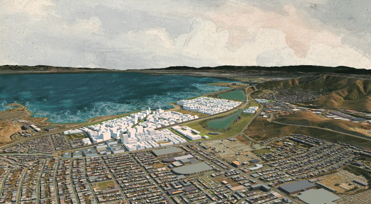 Baylands at the border between San Francisco and Brisbane is a large brownfield site infilled on Bay mud between US 101 and the Caltrain tracks. A prime location for  a mixed-use new town with many thousands of housing units, retail, commercial space