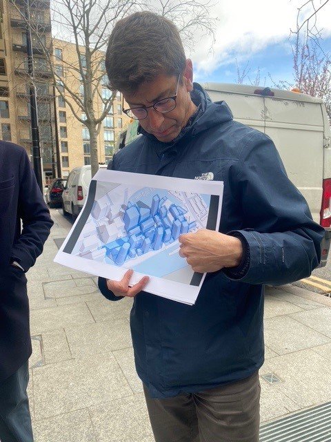 Jason Syrett of Allies & Morrison explaining the master plan for Wood Wharf.