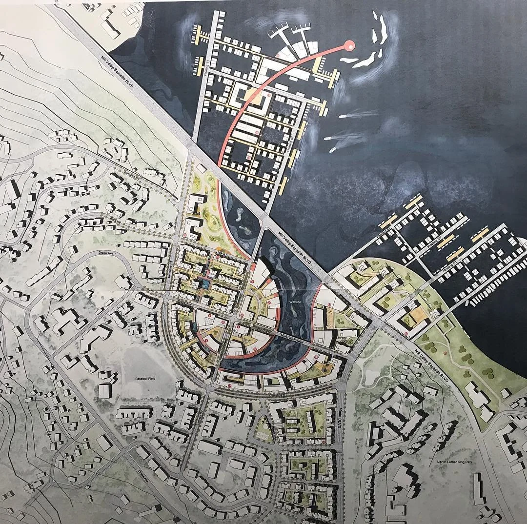 Marin City on the former Marin Shipyard site reconfigured into a new mixed-use community and addressing sea level rise.
Tiantong Gu and others. 2018