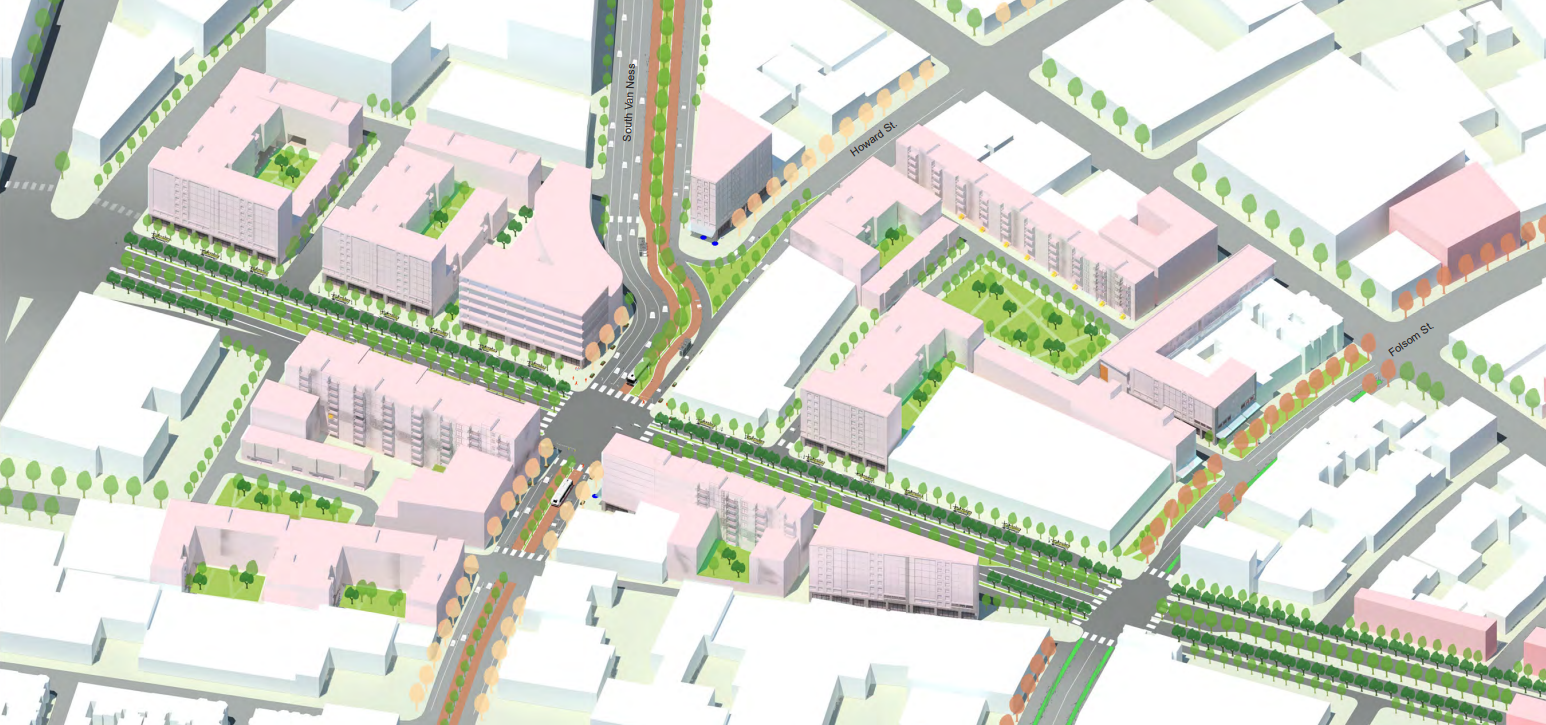 Detail of the proposed boulevard intersection with Mission Street showing new infill housing and public squares.